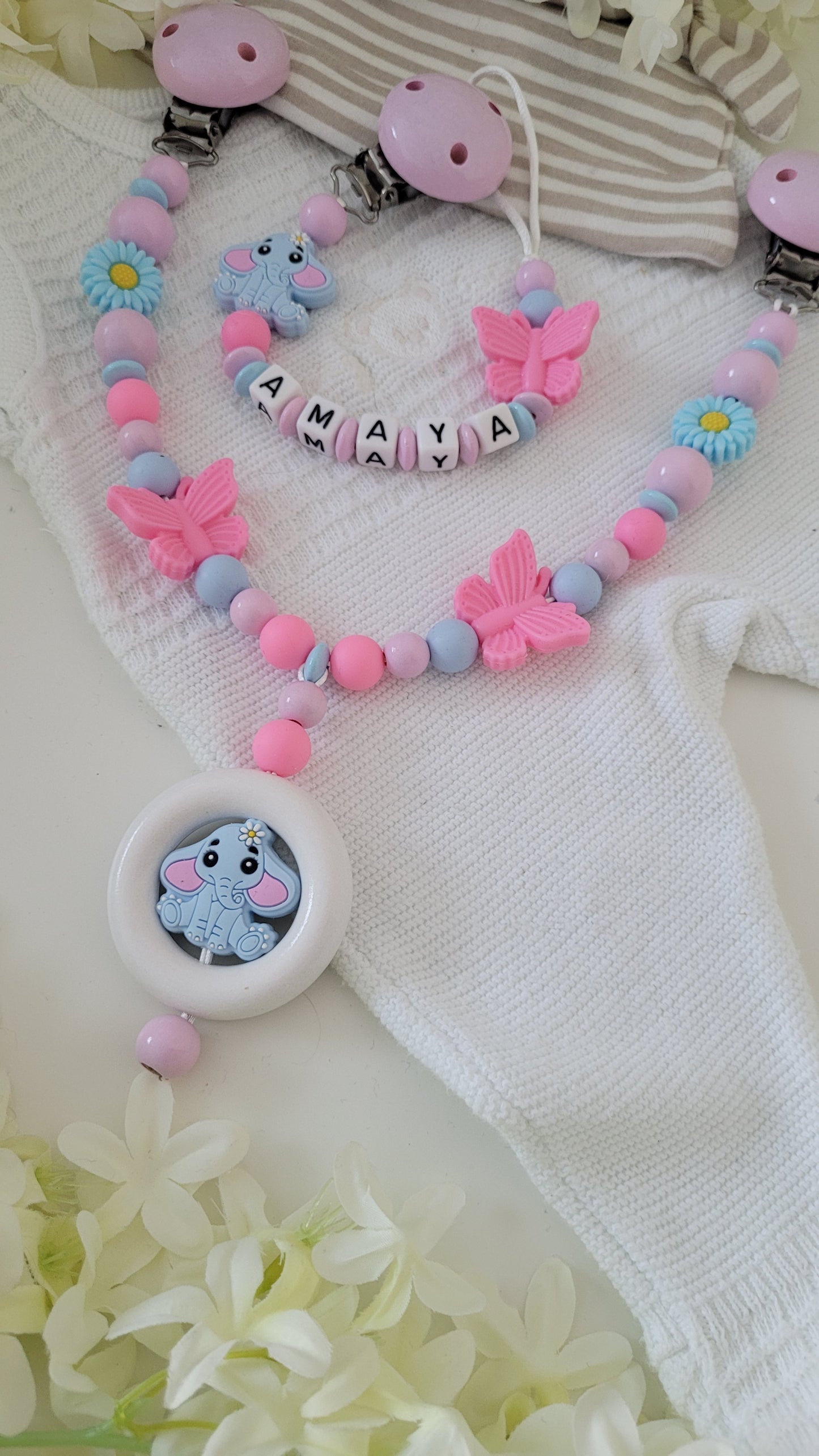 Kinderwagenkette & Schnullerkette * Elefant* blau pink