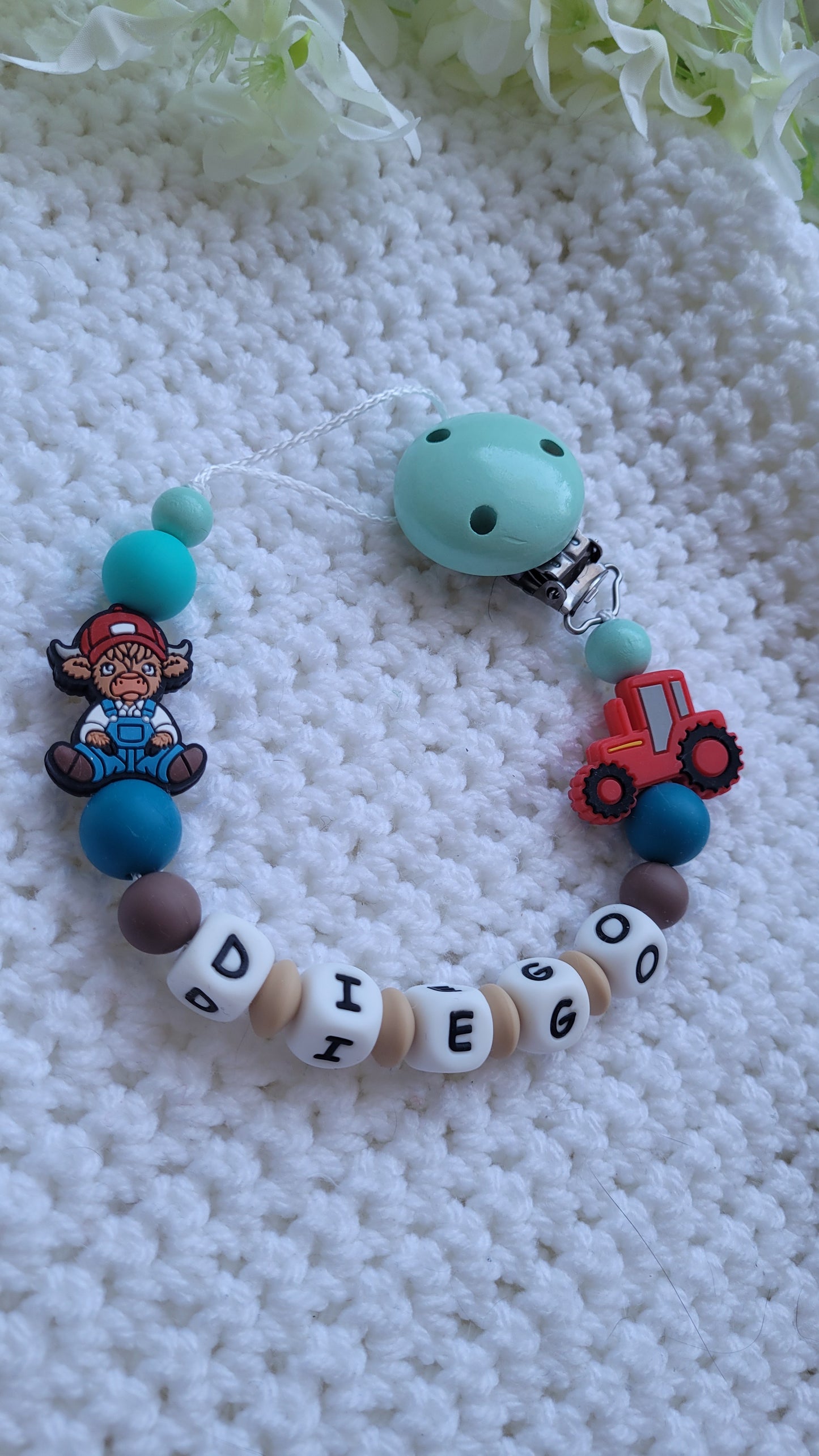 Schnullerkette für Jungen mit Namen Bauernhof türkis Braun petrol