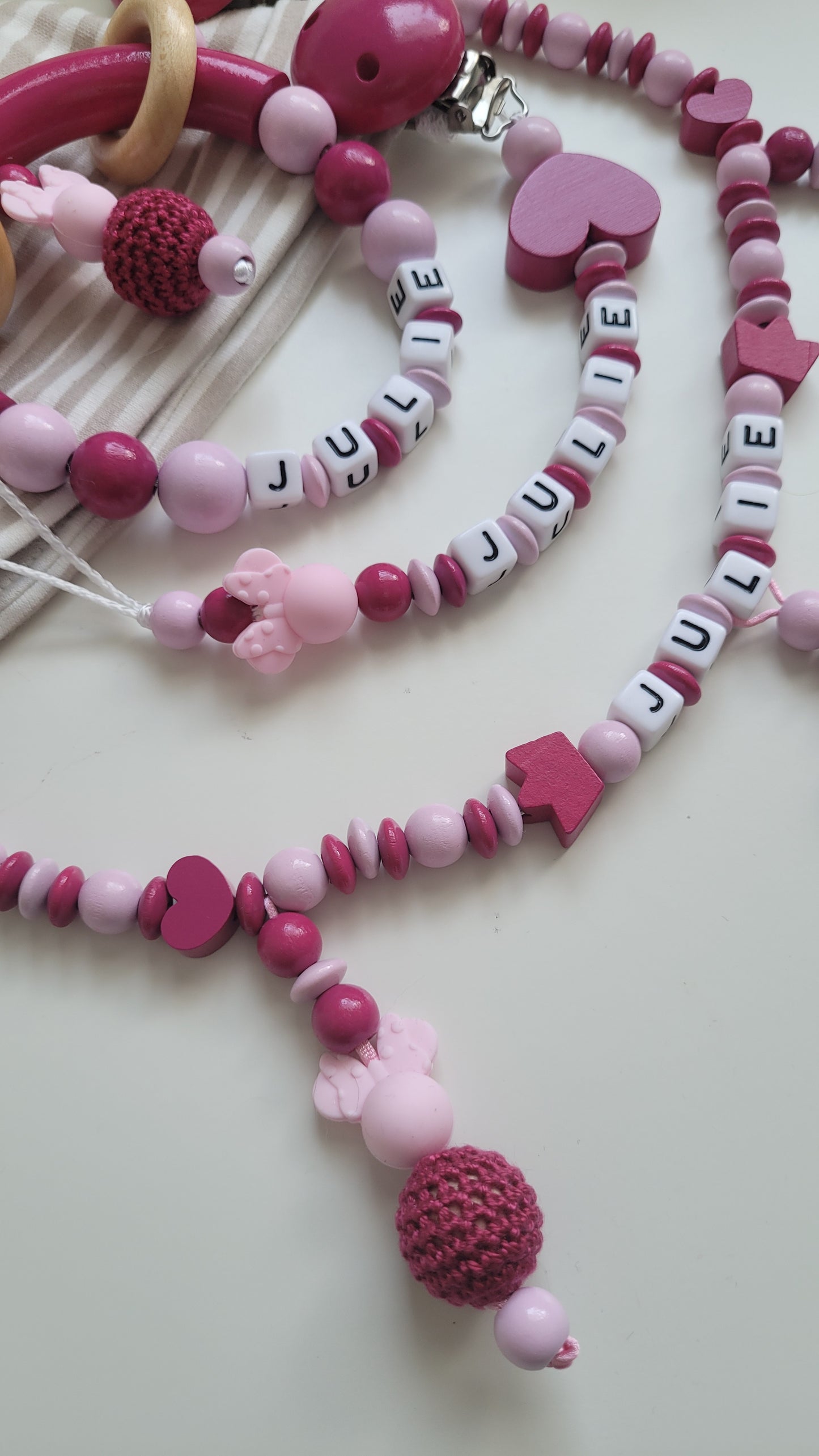 Komplett Set 3tlg Schnullerkette Kinderwagenkette Greifring mit Namen Minnie Maus pink rosa