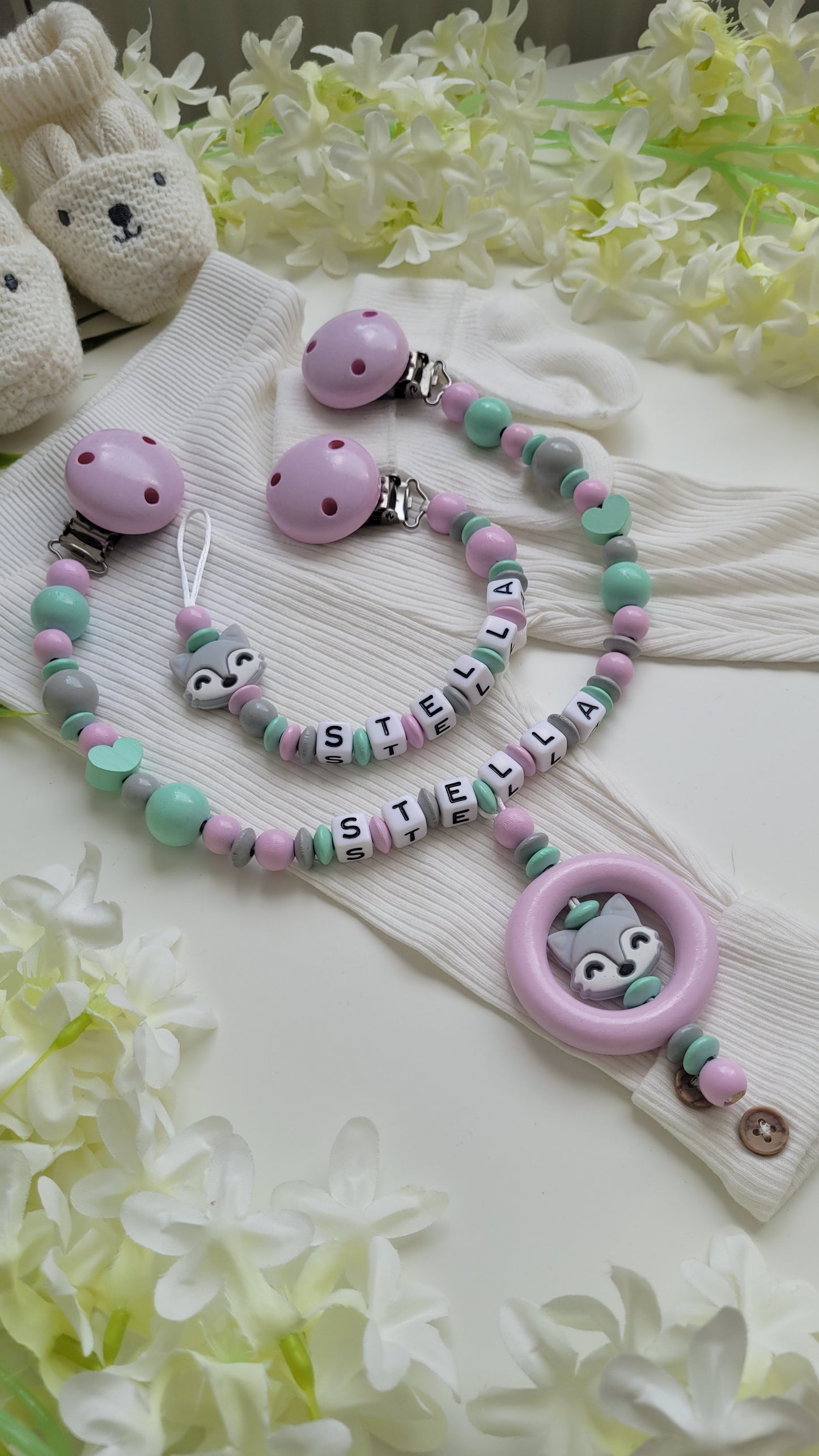 Kinderwagenkette & Schnullerkette mit Namen Fuchs rosa mint grau