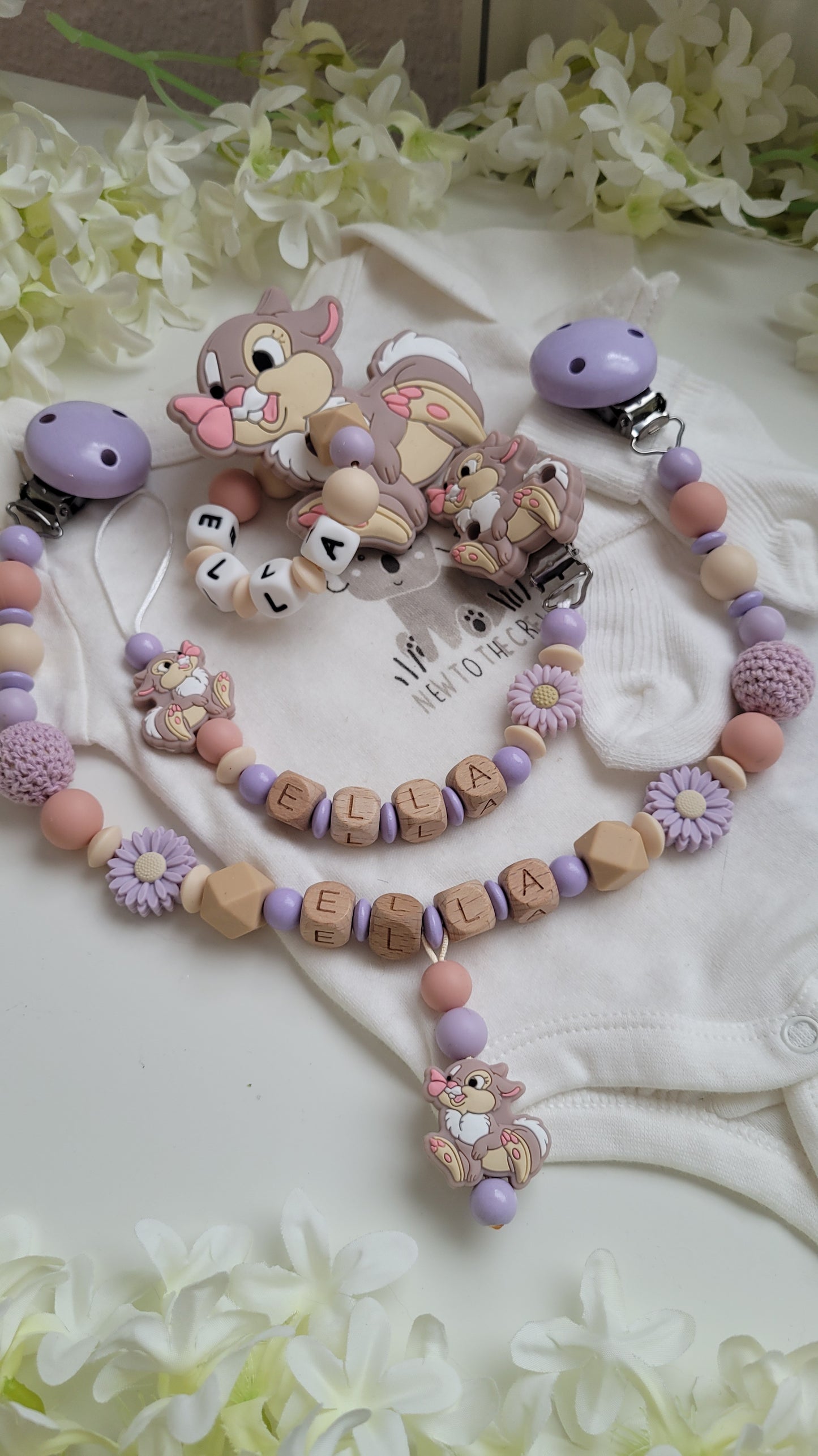 3tlg Set Schnullerkette Kinderwagenkette Greifling Hase