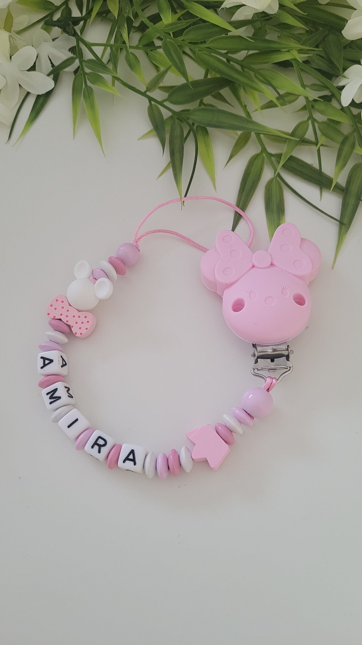 Kinderwagenkette & Schnullerkette Prinzessin Minnie mit Namen für Mädchen