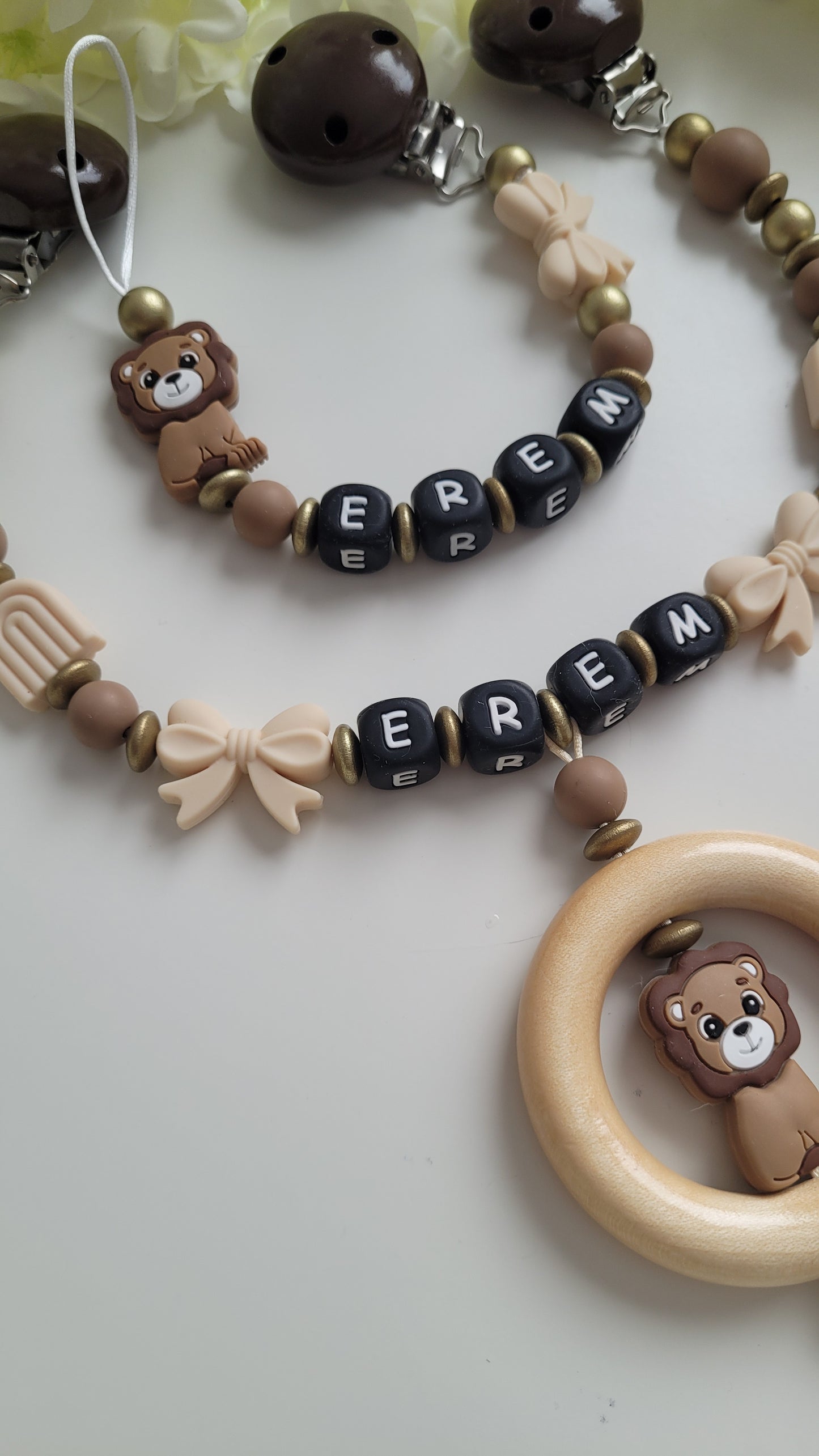 Kinderwagenkette & Schnullerkette * Löwe* gold braun