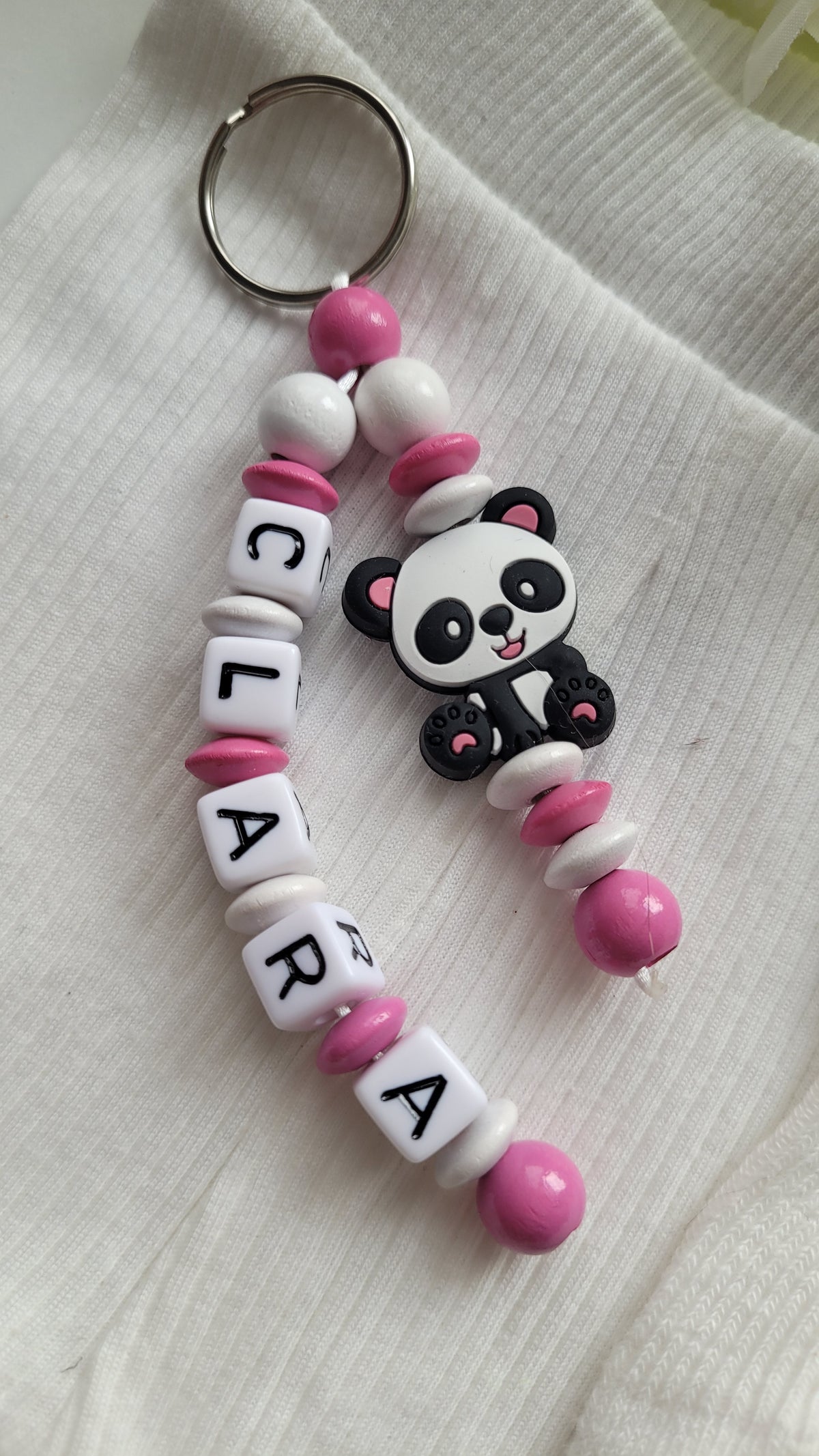 Schlüsselanhänger mit Namen Panda pink weiß Motivauswahl