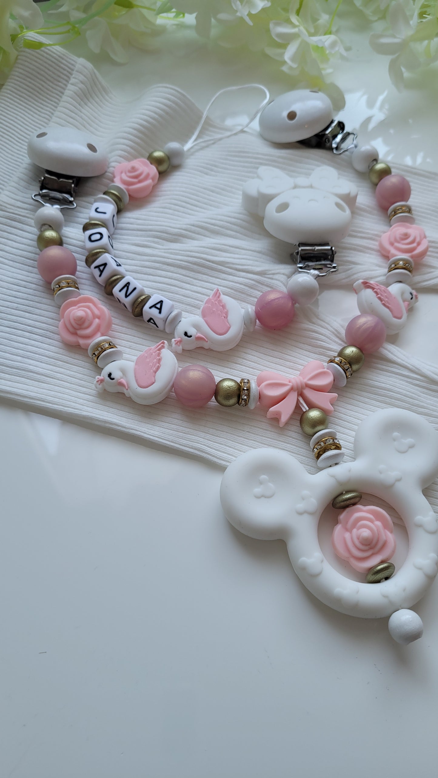 Kinderwagenkette & Schnullerkette *Schwan Prinzessin* rose apricot gold