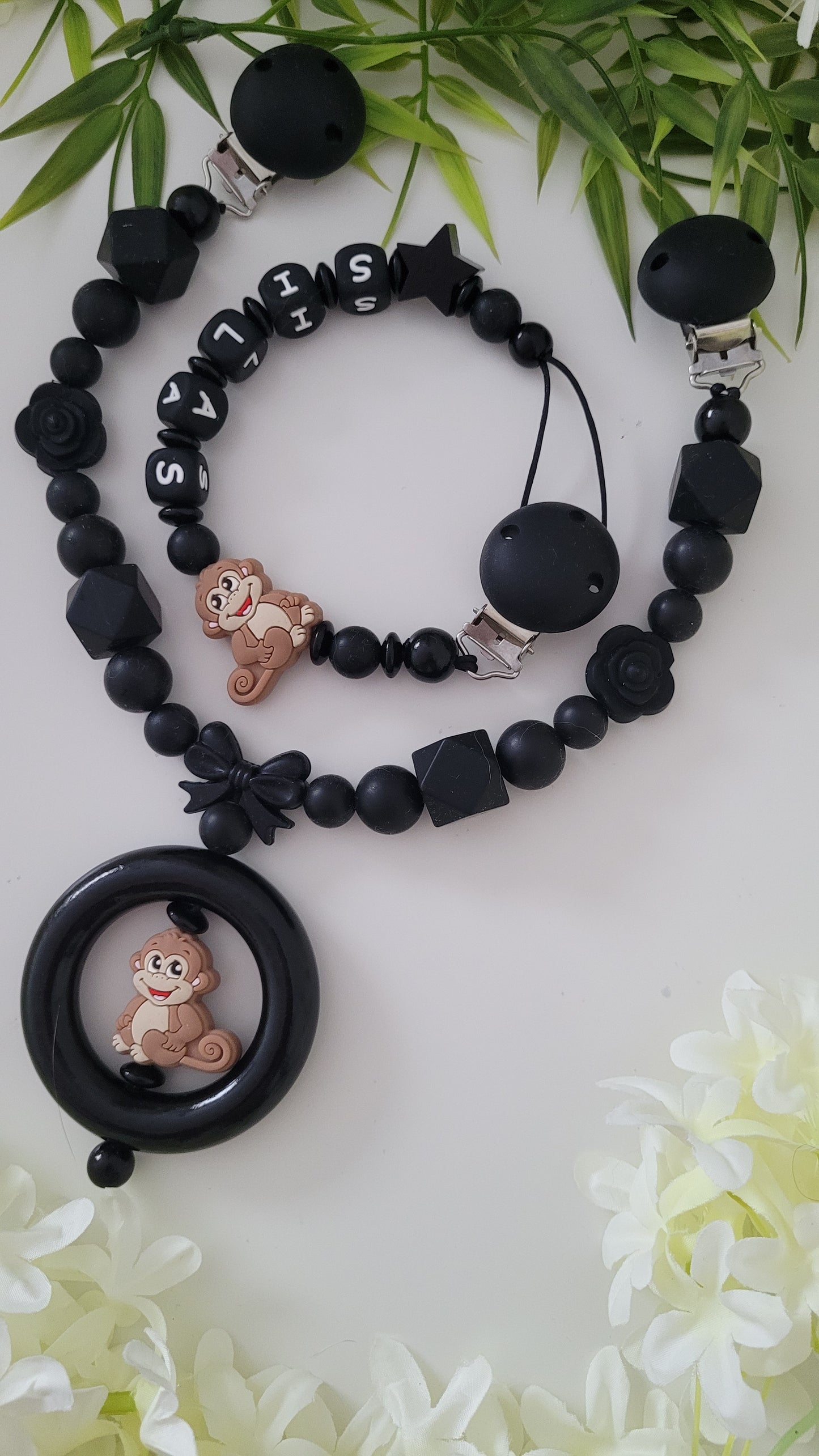 Kinderwagenkette & Schnullerkette *Äffchen* Black