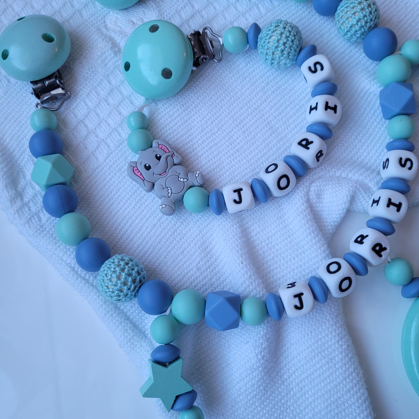 Kinderwagenkette & Schnullerkette mit Namen Elefant mint blau