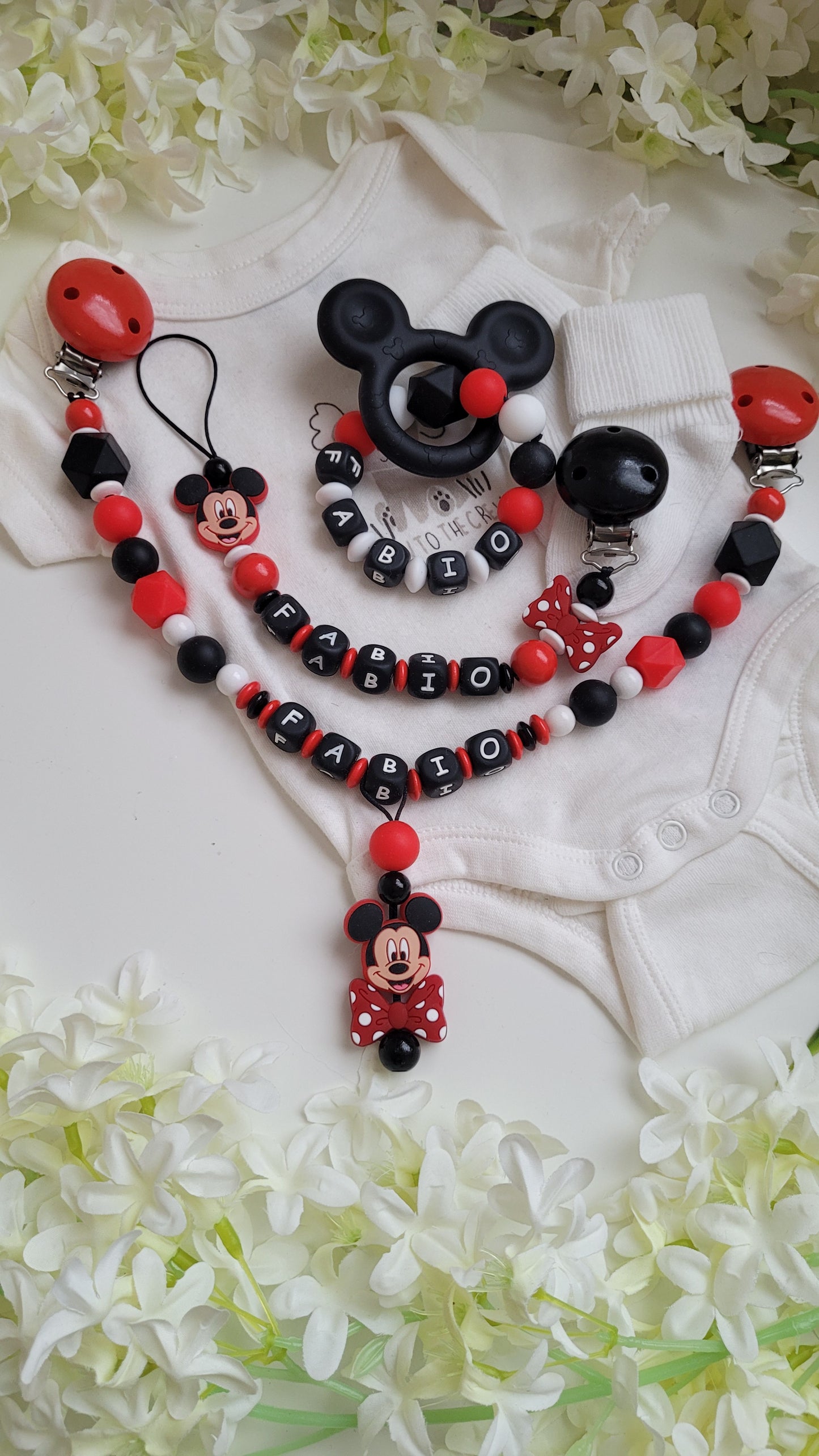 3tlg Set Schnullerkette Kinderwagenkette Greifling Mickey Maus schwarz rot