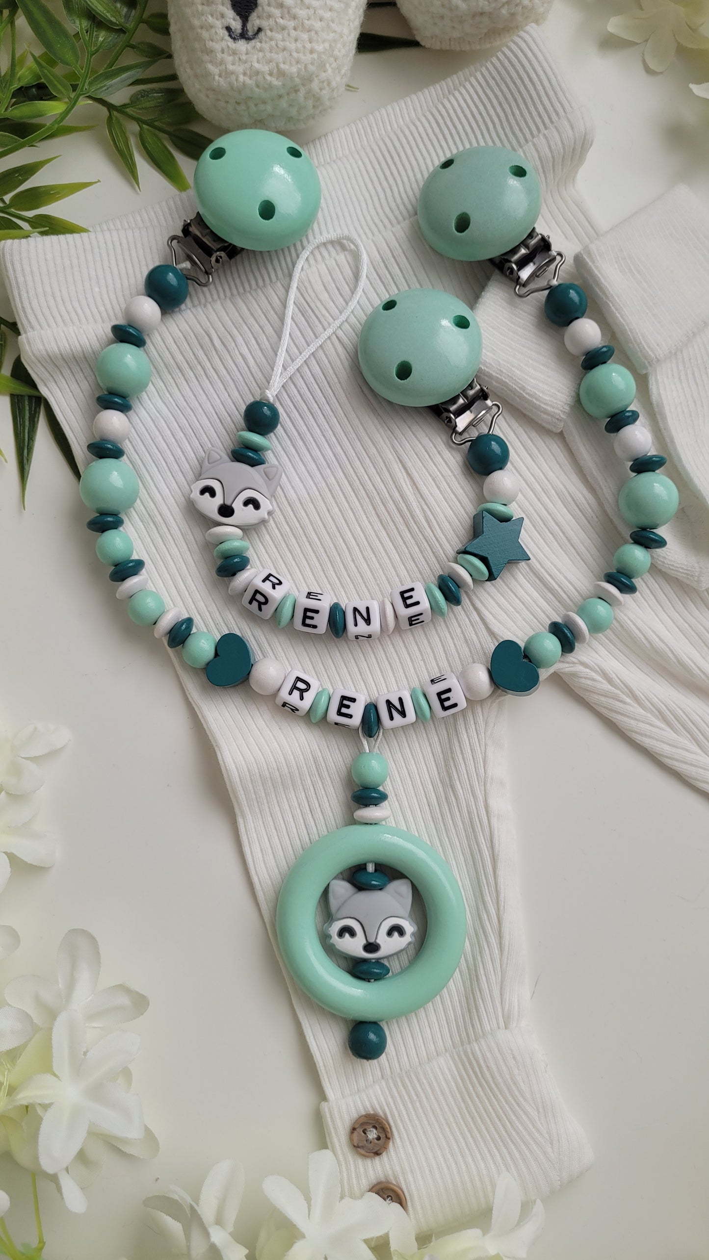 Schnullerkette & Kinderwagenkette Fuchs türkis mint
