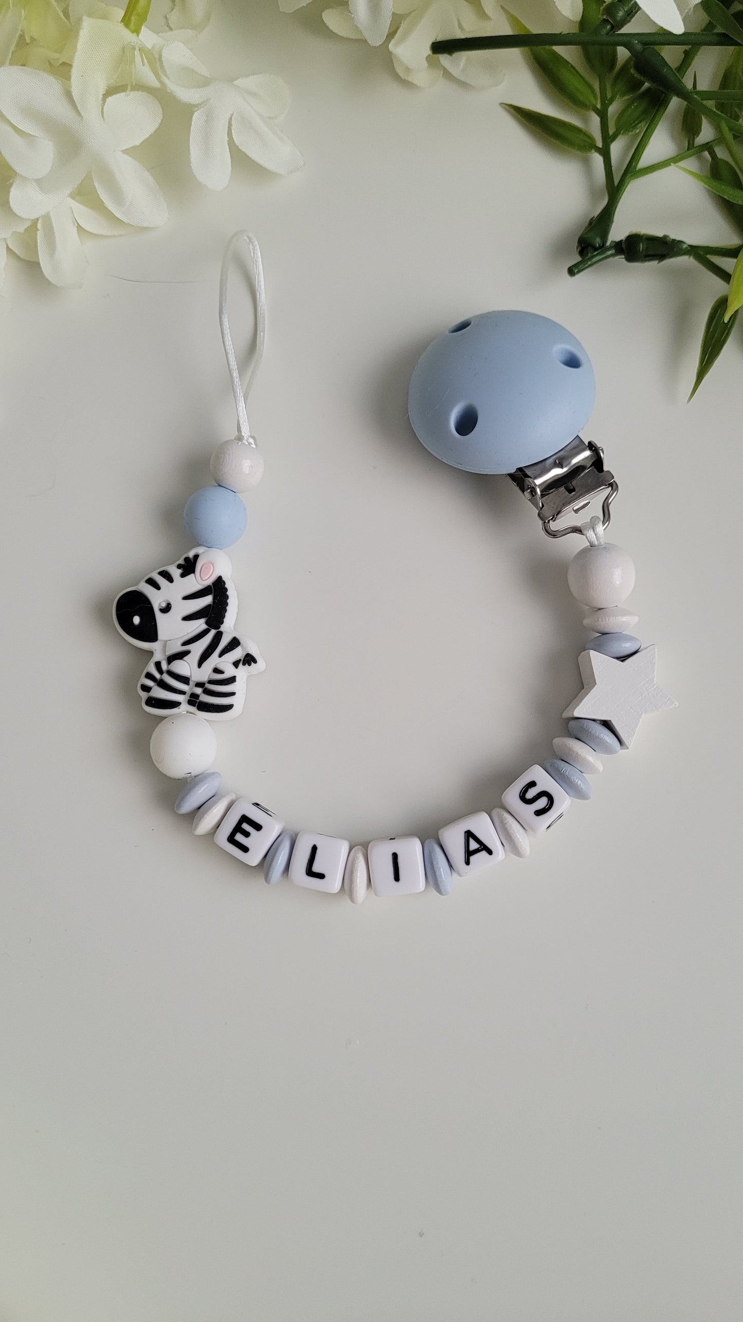Schnullerkette * Zebra* hellblau weiss