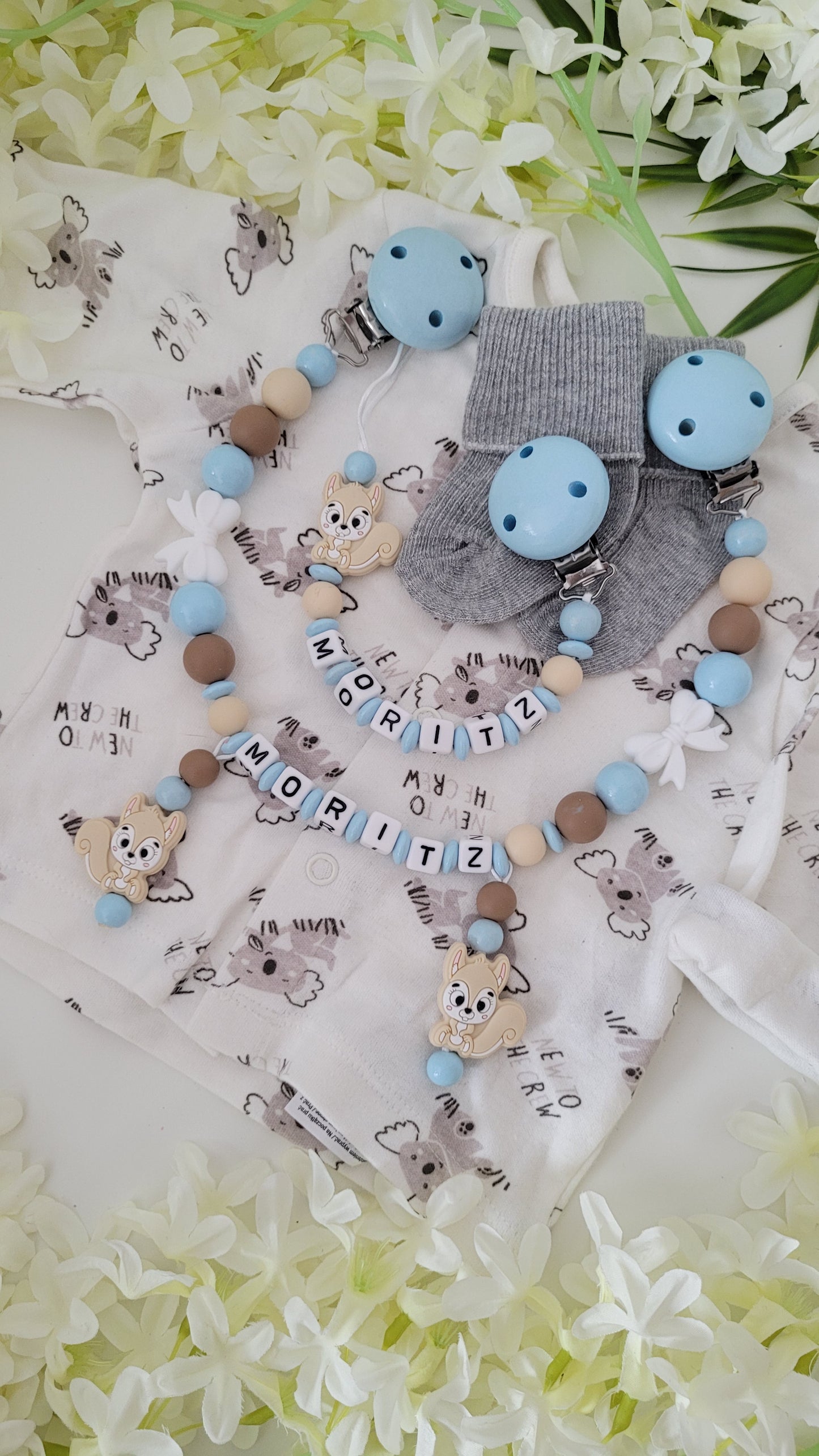 Kinderwagenkette & Schnullerkette *Eichhörnchen* blau beige