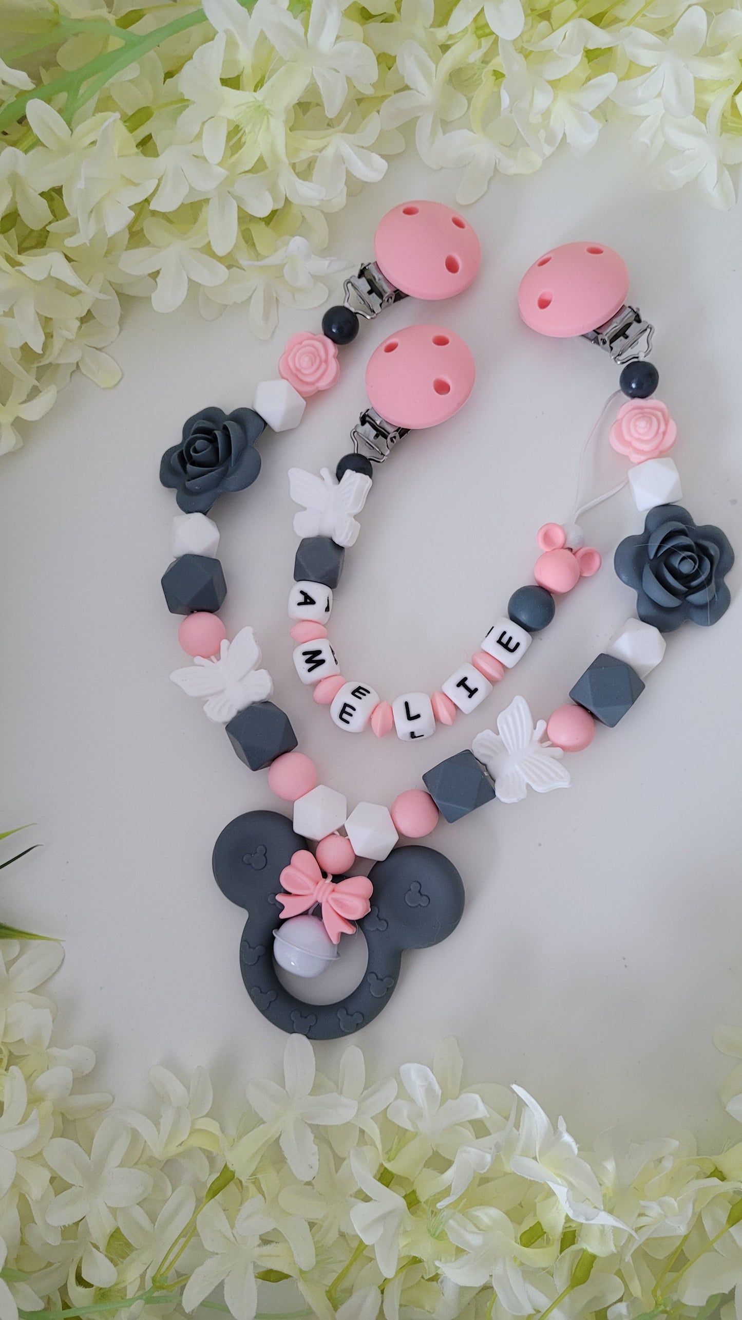 Kinderwagenkette & Schnullerkette Maus peach grau