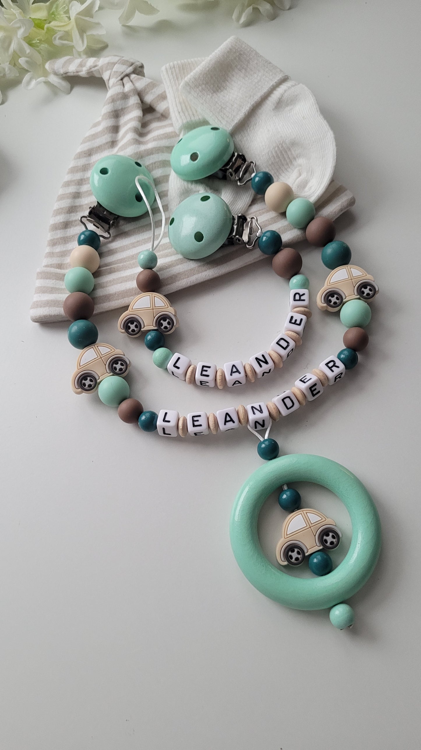 Kinderwagenkette & Schnullerkette Set mit Namen | Auto | Mint · Petrol · Weiß