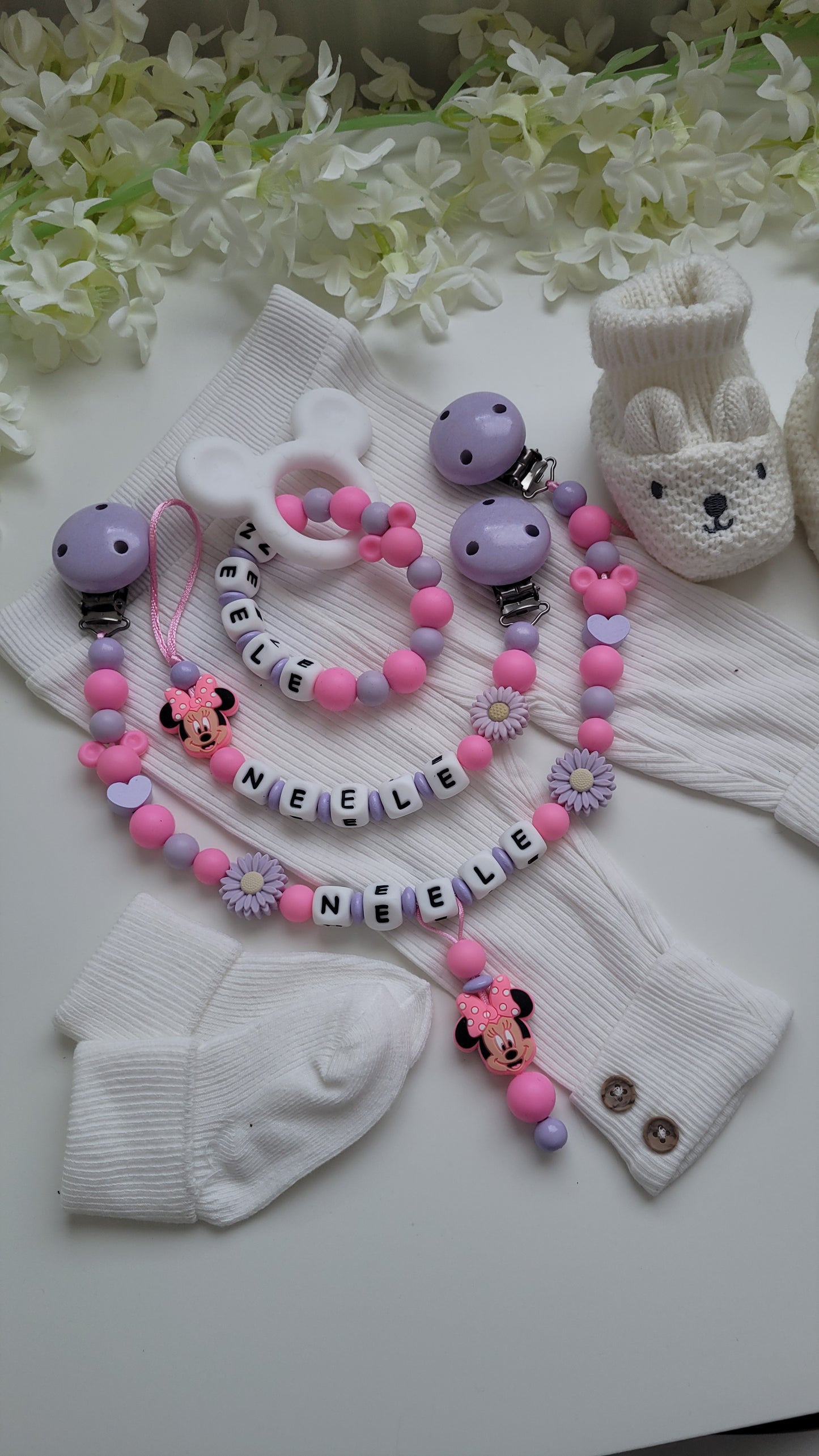 3tlg Set Pink flieder Maus Schnullerkette Kinderwagenkette und Greifring