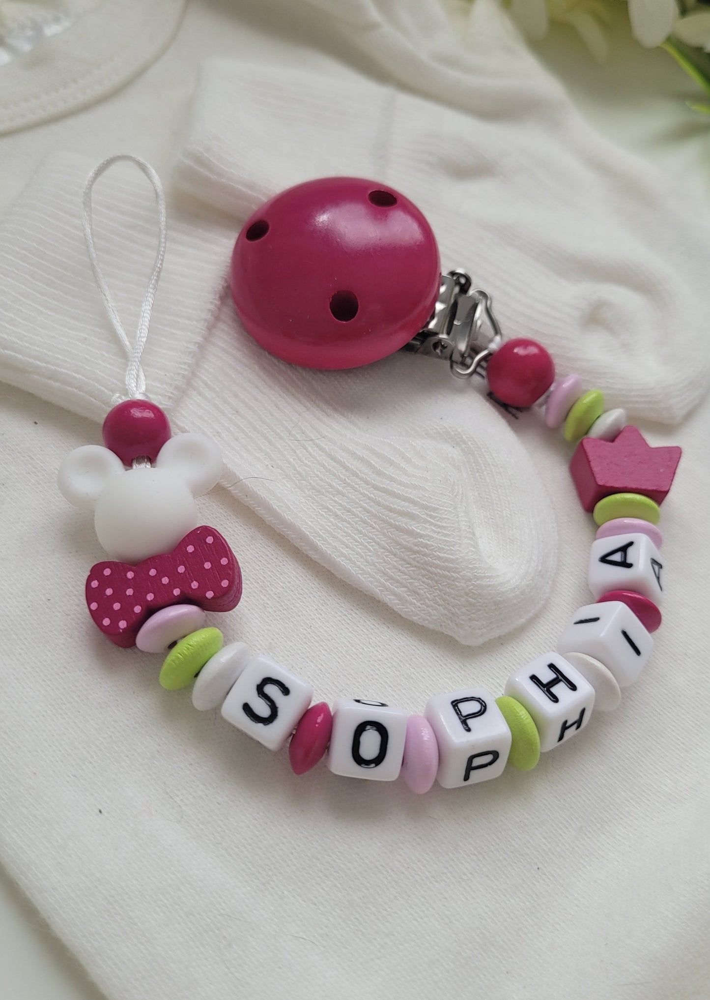 Schnullerkette mit Namen für Mädchen Maus & Krone hellgrün rosa pink