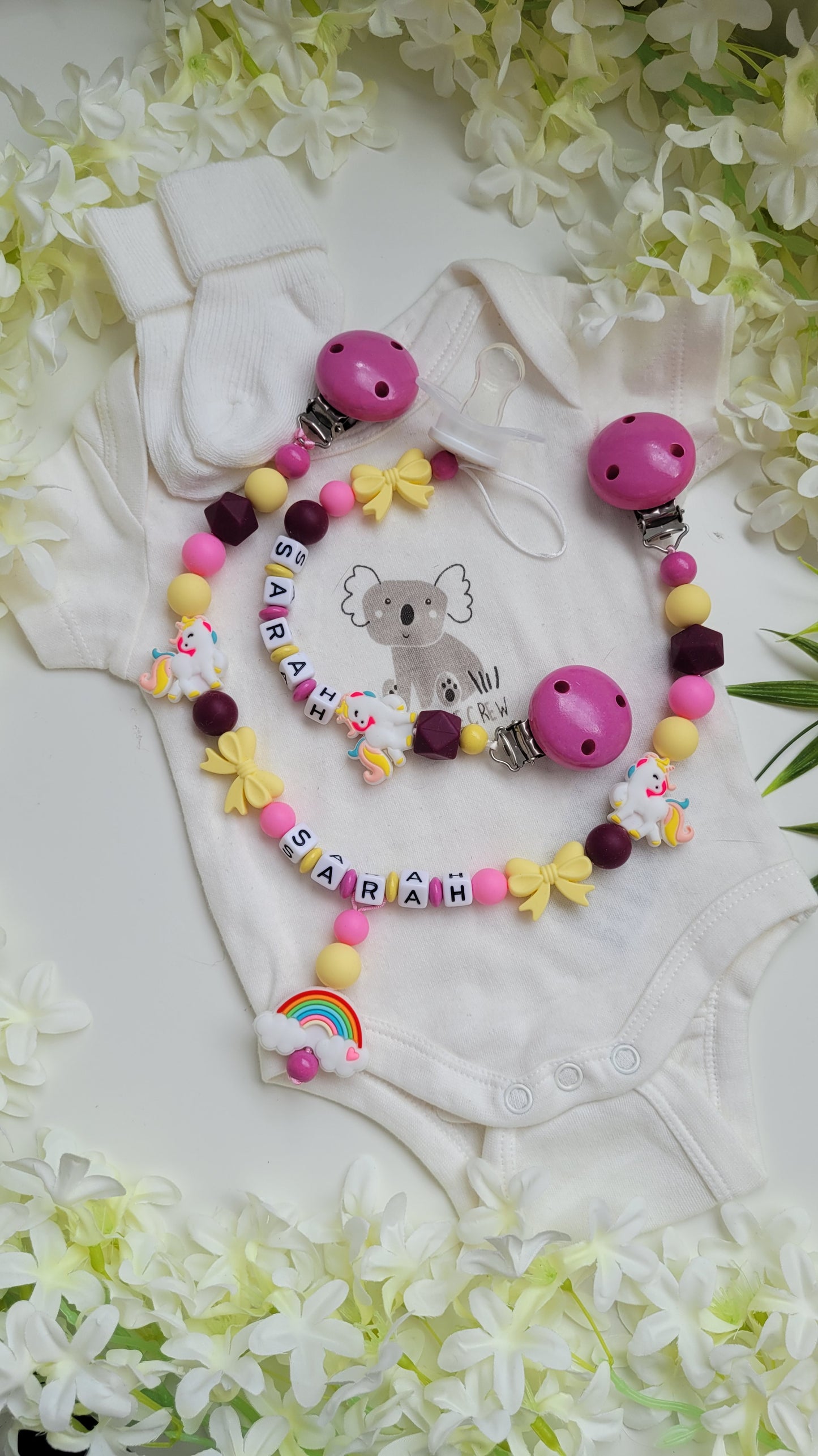 Kinderwagenkette & Schnullerkette Einhorn Regenbogen