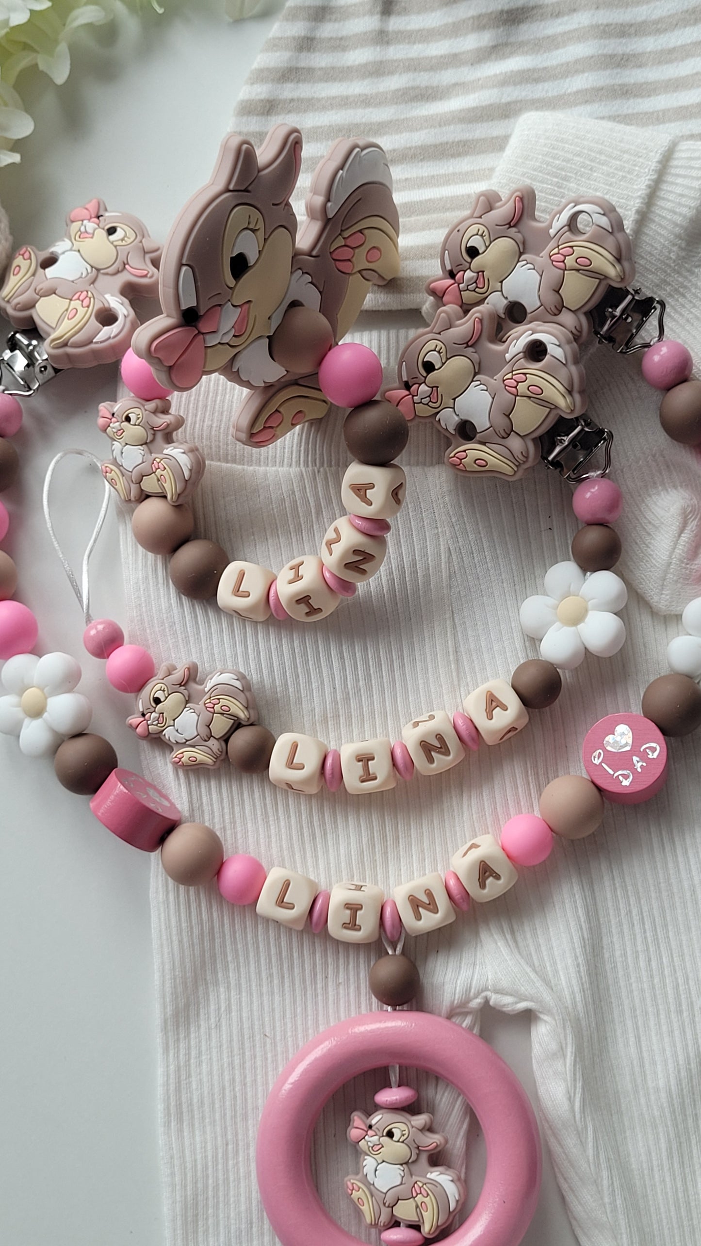 3tlg Set Schnullerkette Kinderwagenkette Greifling Hase pink braun