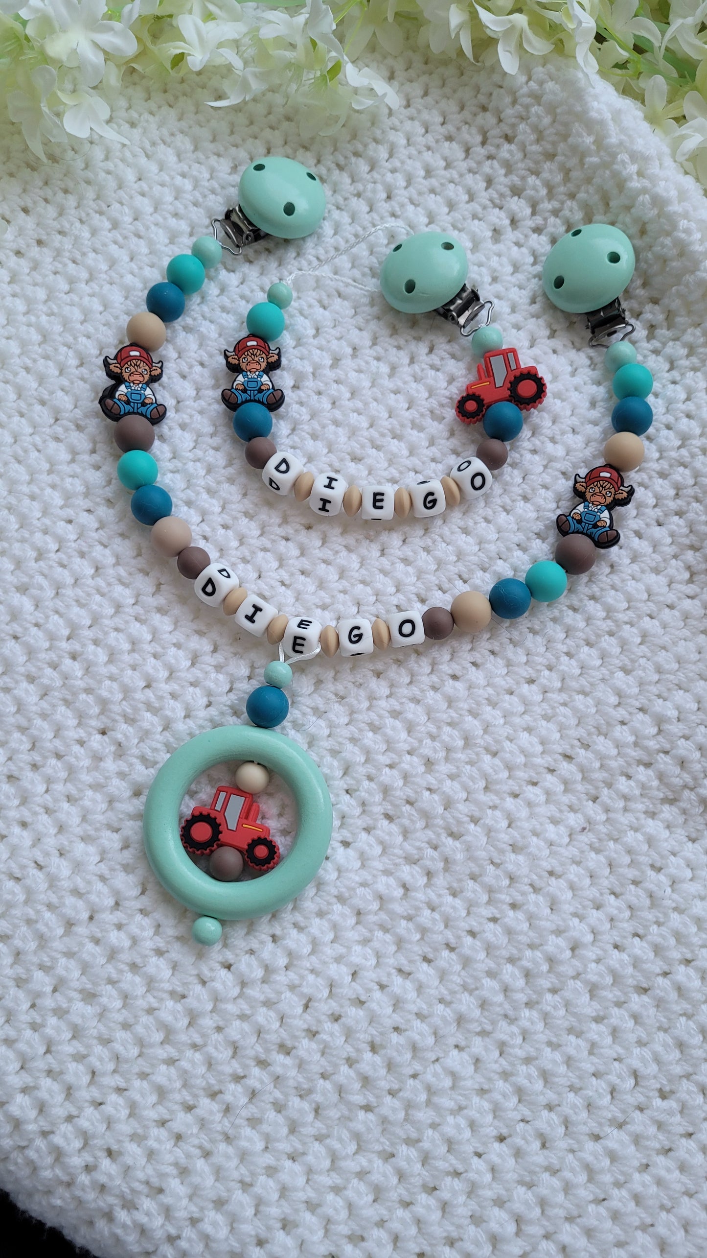 Kinderwagenkette & Schnullerkette Set Baby Bauernhof für Jungen braun petrol türkis