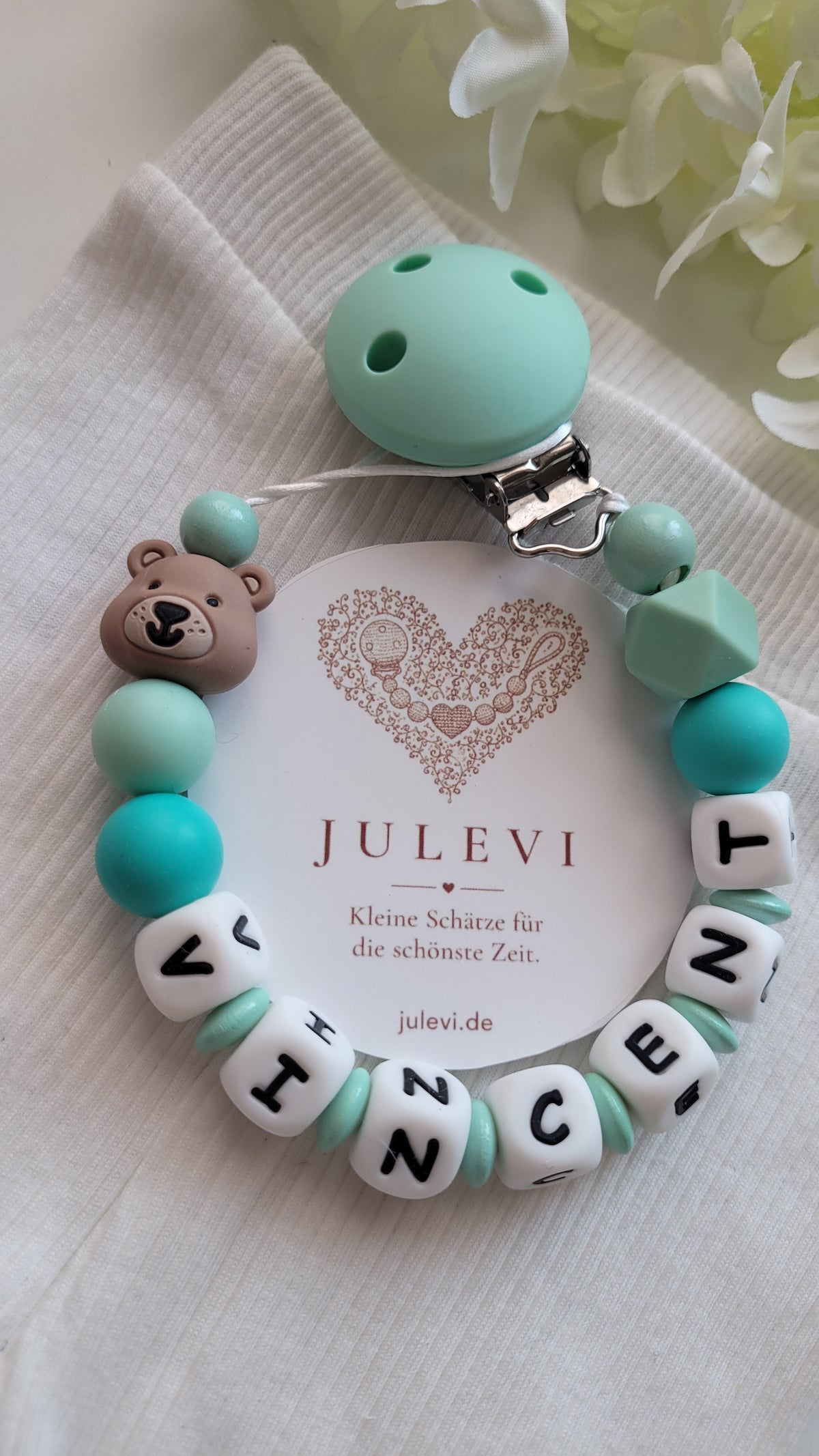 Schnullerkette mit Namen Jungen Bärchen mint türkis | personalisiert