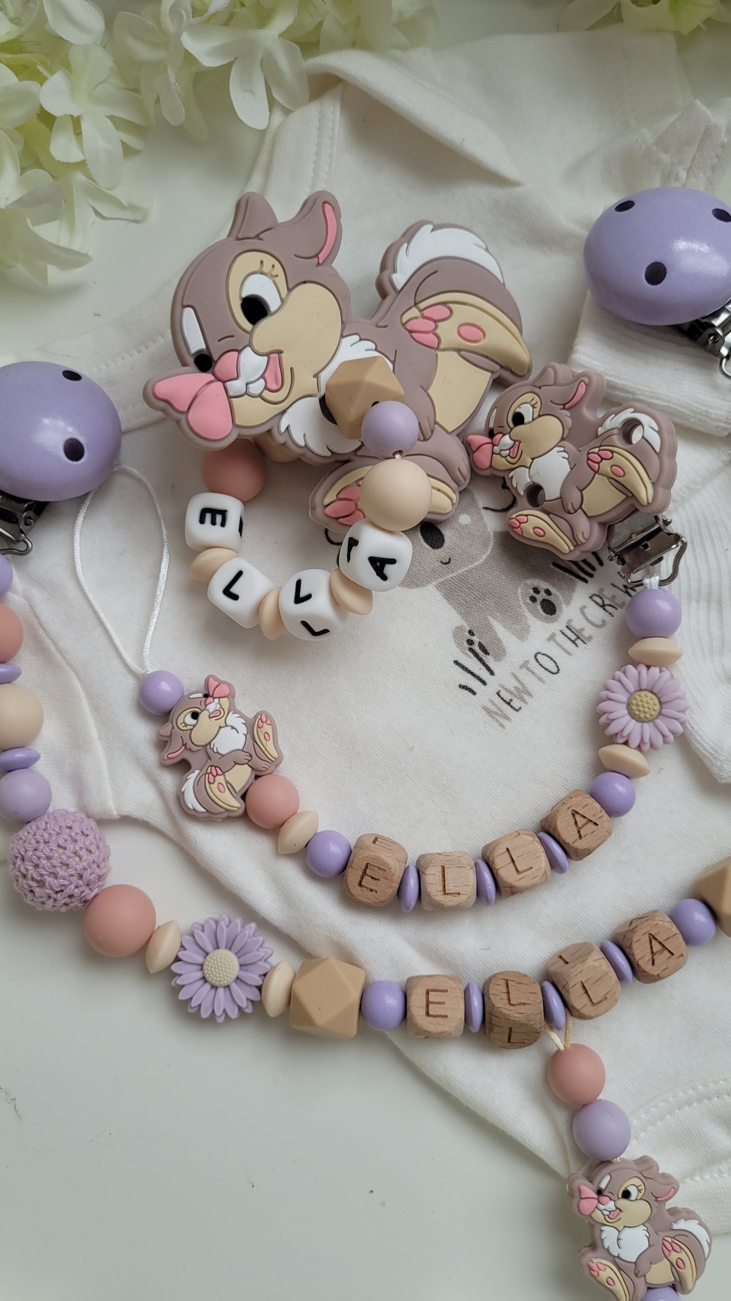 3tlg Set Schnullerkette Kinderwagenkette Greifling Hase
