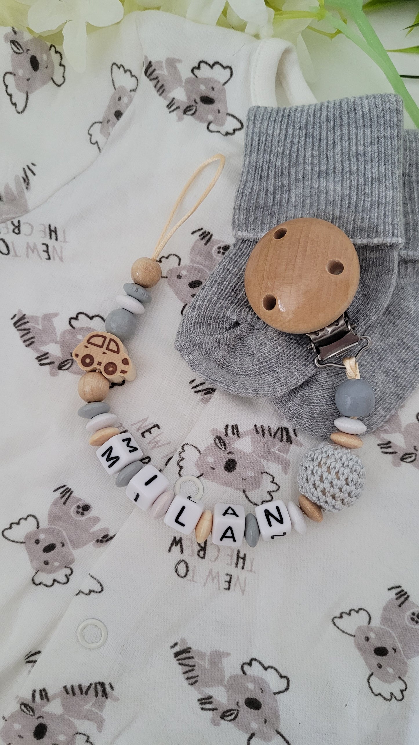 Kinderwagenkette & Schnullerkette * Auto* grau weiß holz