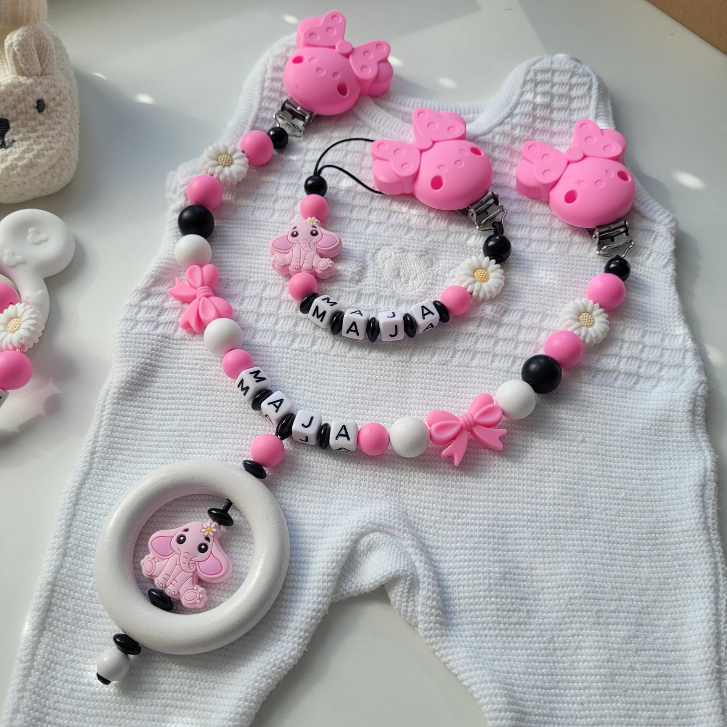 3er Set Kinderwagenkette & Schnullerkette mit Namen + Greifring für Mädchen schwarz pink weiß Elefant & Maus