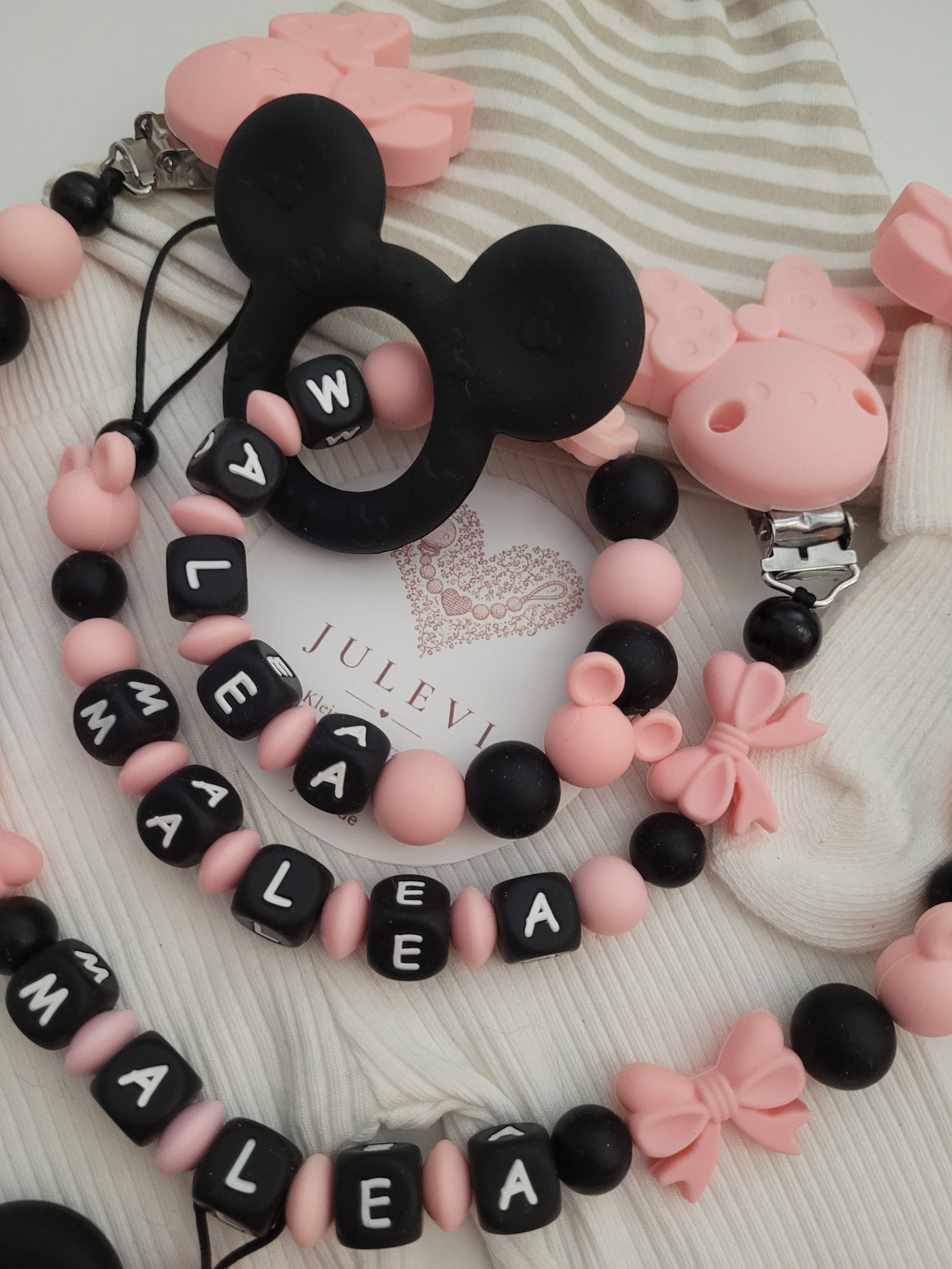 3er Set Schnullerkette, Kinderwagenkette & Greifring mit Namen Maus Rosen Schleifen schwarz peach