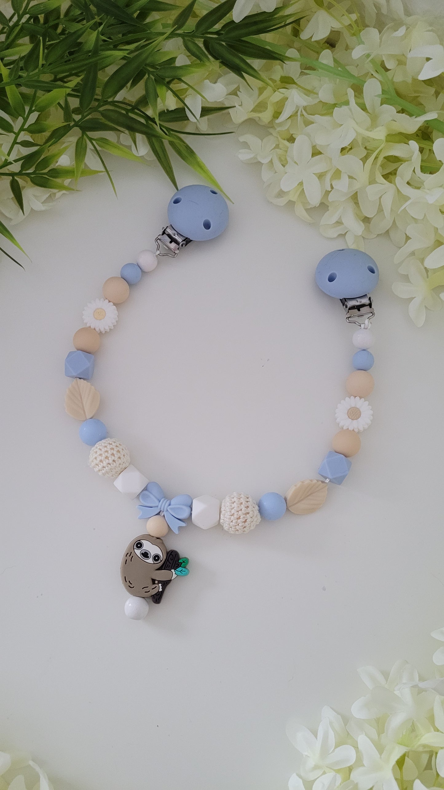 Kinderwagenkette & Schnullerkette *Faultier* blau beige