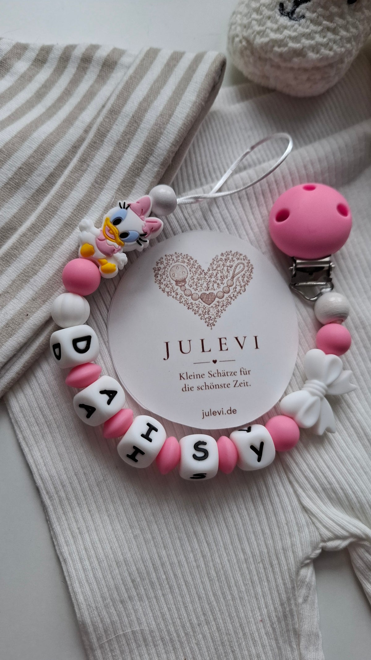 Schnullerkette mit Namen Ente pink weiß mit Silikonschleife und Silikonclip