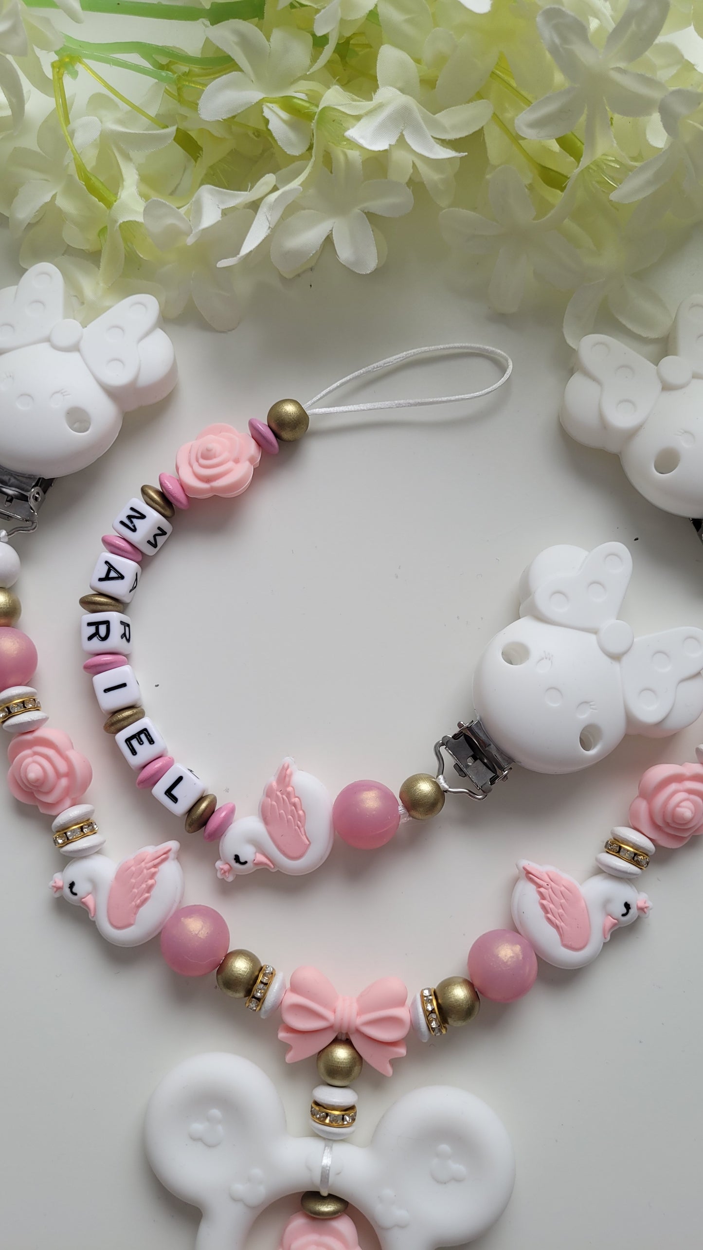 Kinderwagenkette & Schnullerkette *Schwan Prinzessin* rosegold