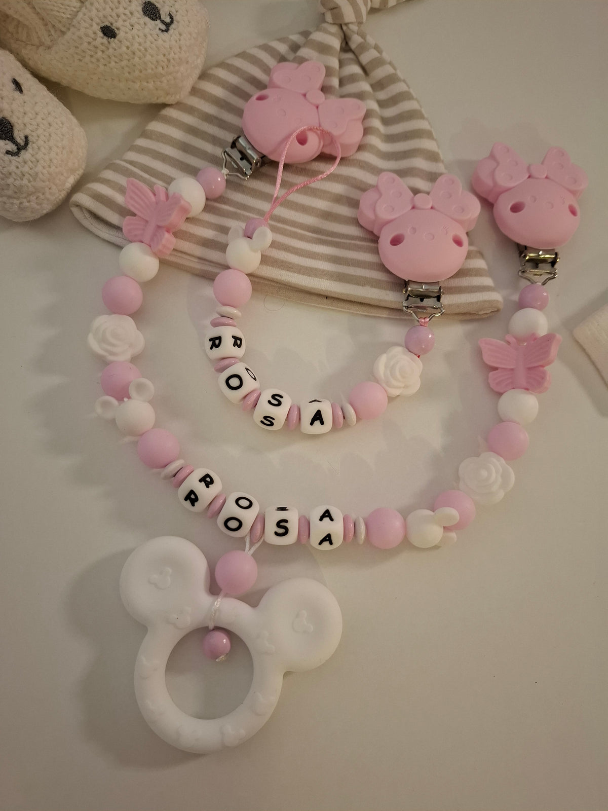 Kinderwagenkette & Schnullerkette Set mit Namen Schleifen Mäuse rosa weiß Silikon | personalisiert