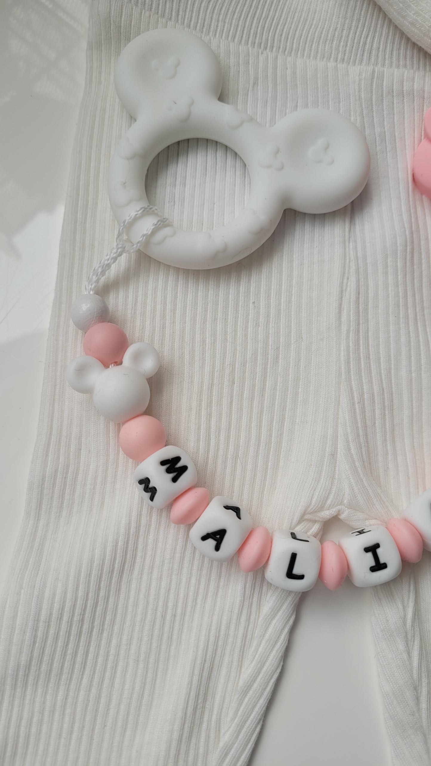 3 in 1 Beissring Schnullerkette mit Namen Maus rosa weiss