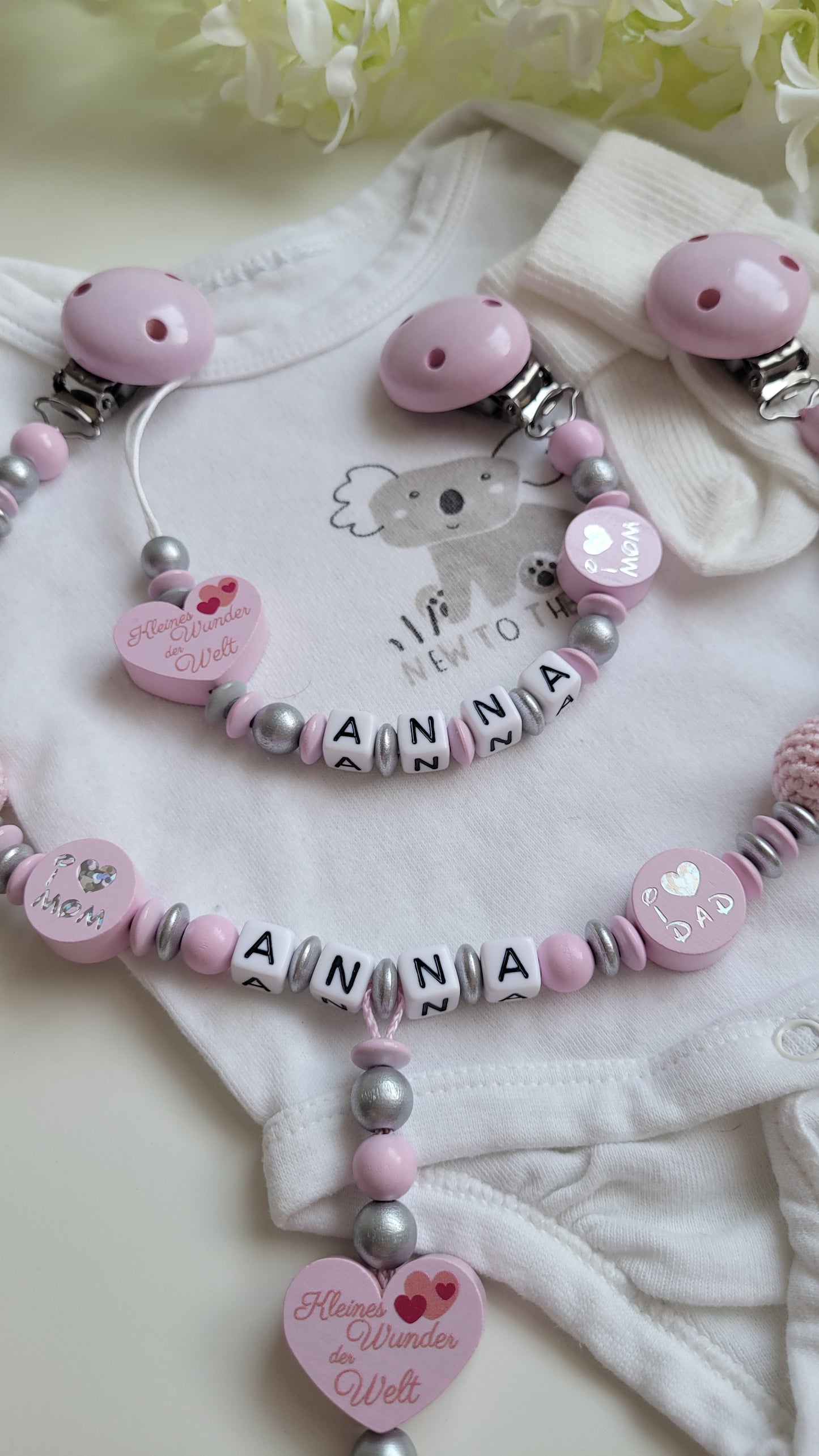 Kinderwagenkette & Schnullerkette mit Namen Kleines Wunder