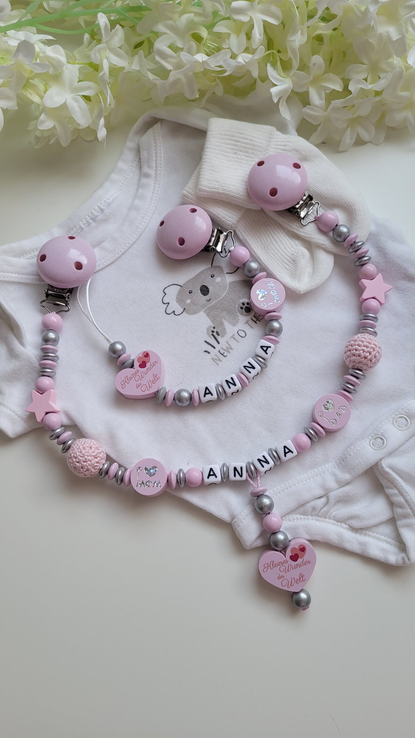 Kinderwagenkette & Schnullerkette mit Namen Kleines Wunder