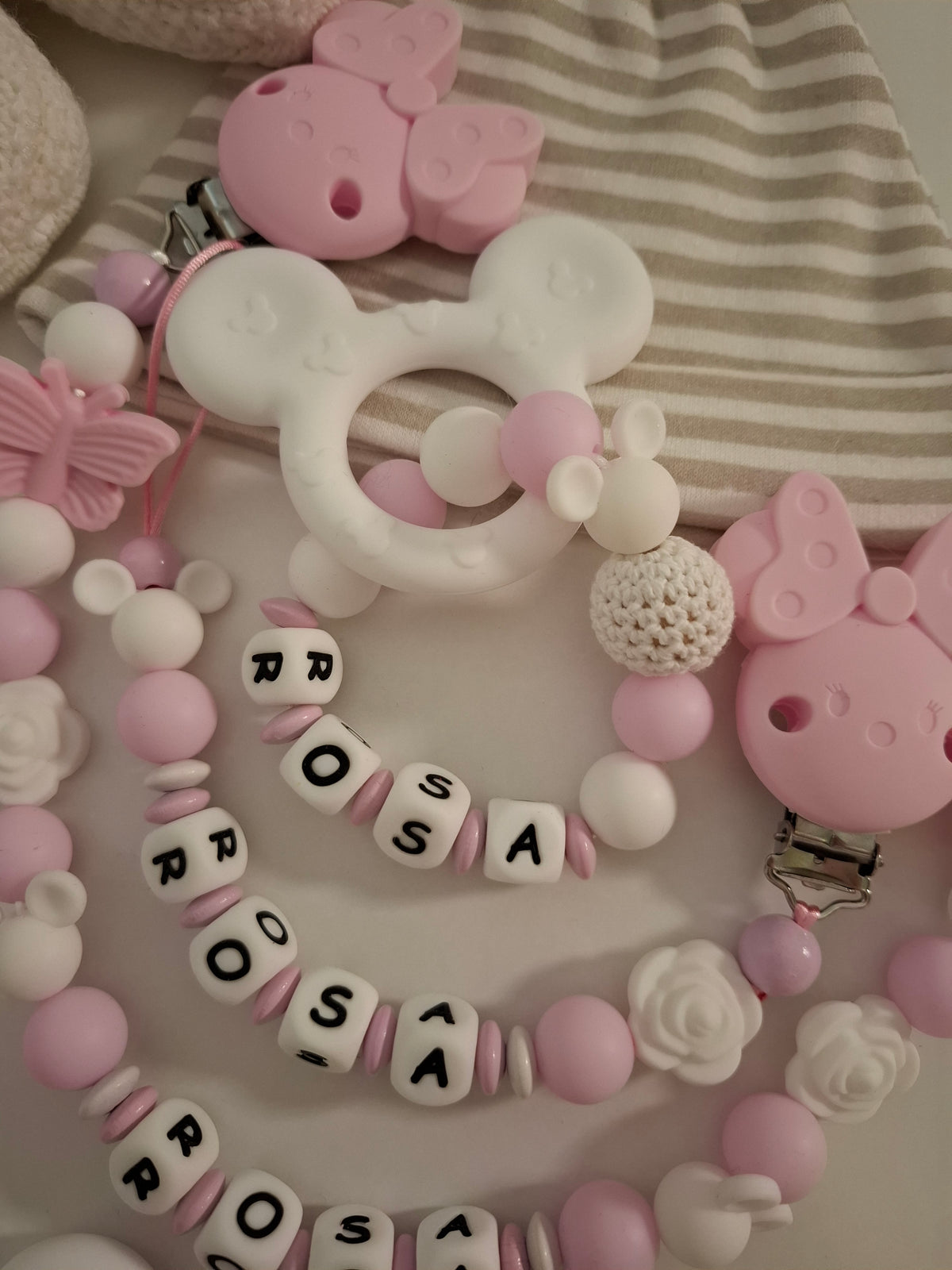 3er-Set Schnullerkette Kinderwagenkette & Greifring mit Namen Maus rosa weiss