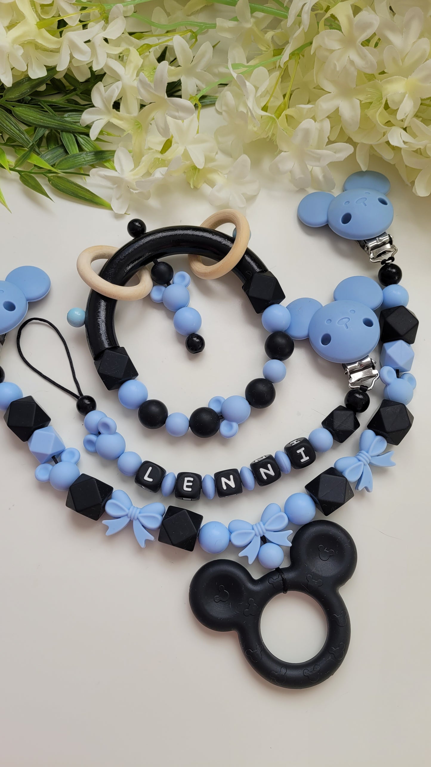 3tlg Set Schnullerkette Kinderwagenkette Greifling Maus blau schwarz
