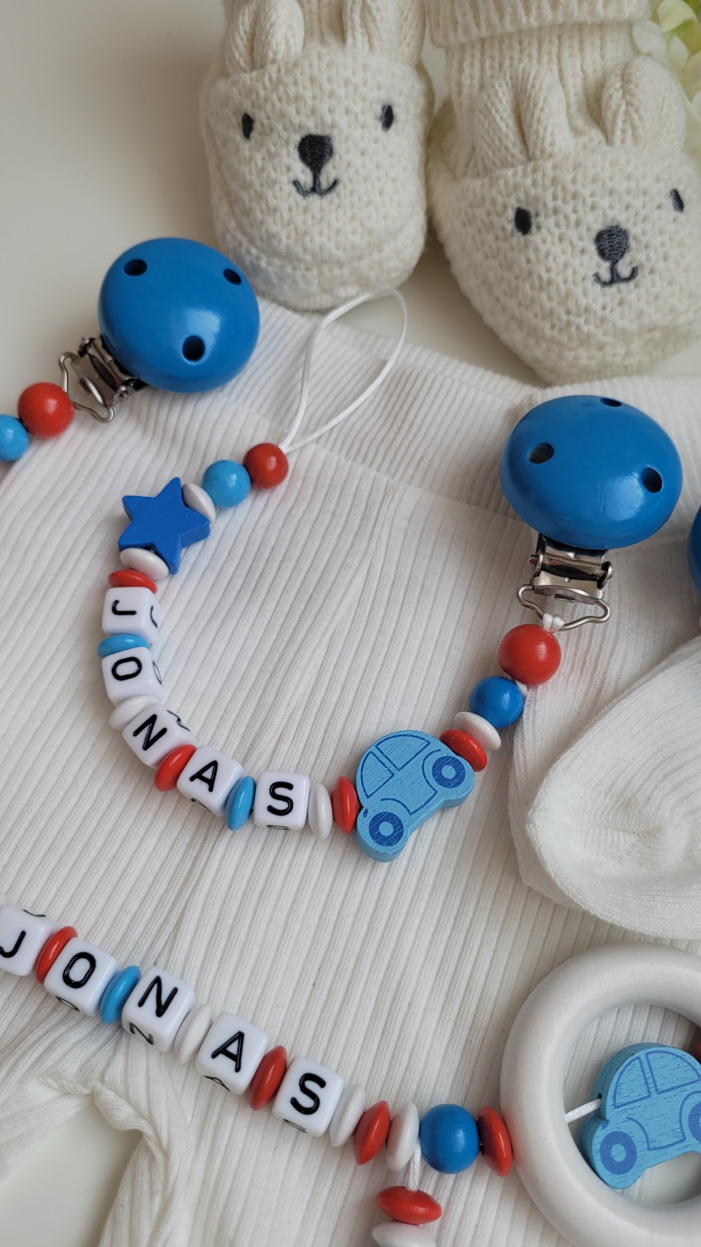 Kinderwagenkette & Schnullerkette mit Namen Auto Spielringe