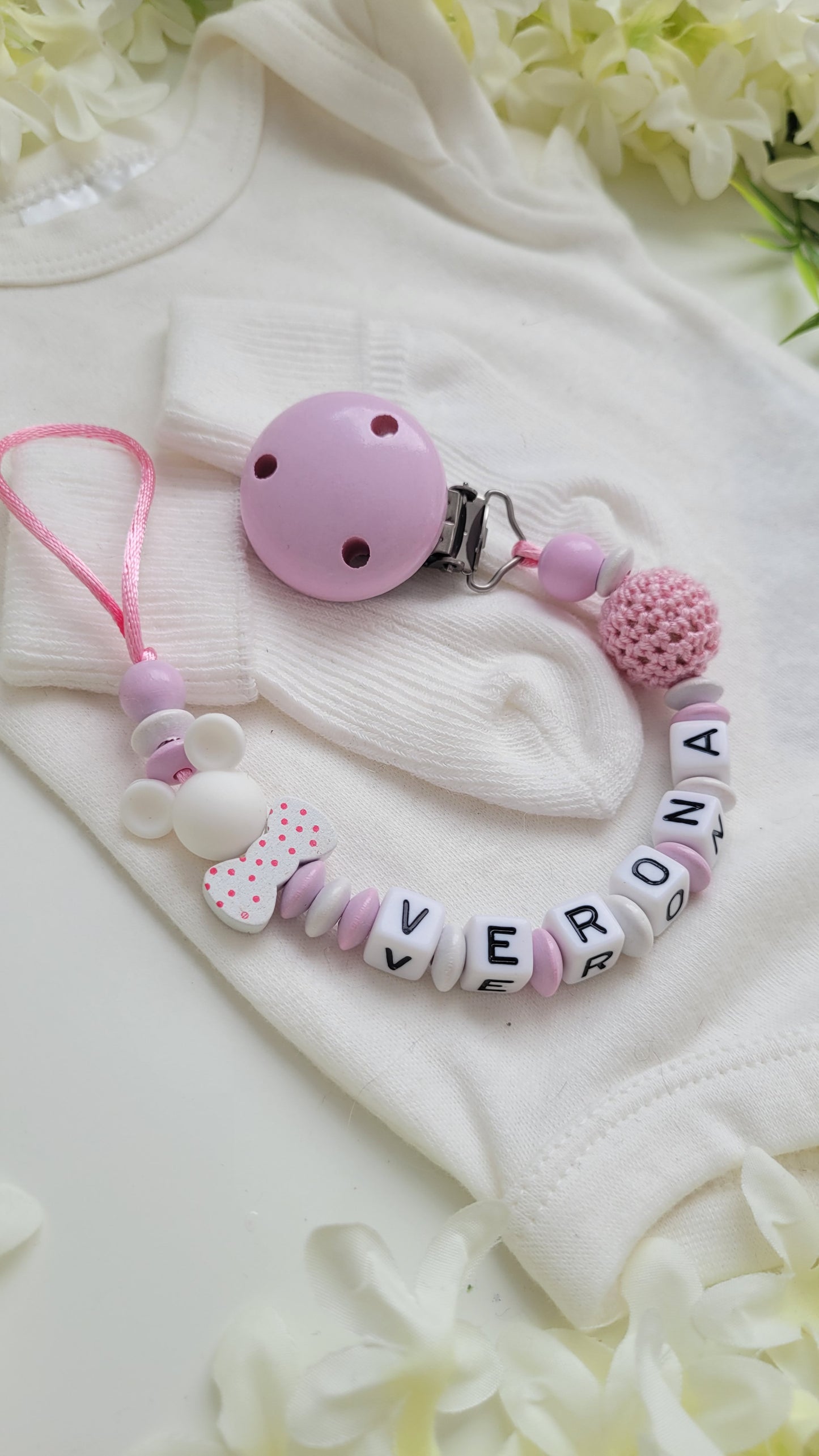 Schnullerkette mit Namen für Mädchen Mäuschen rosa