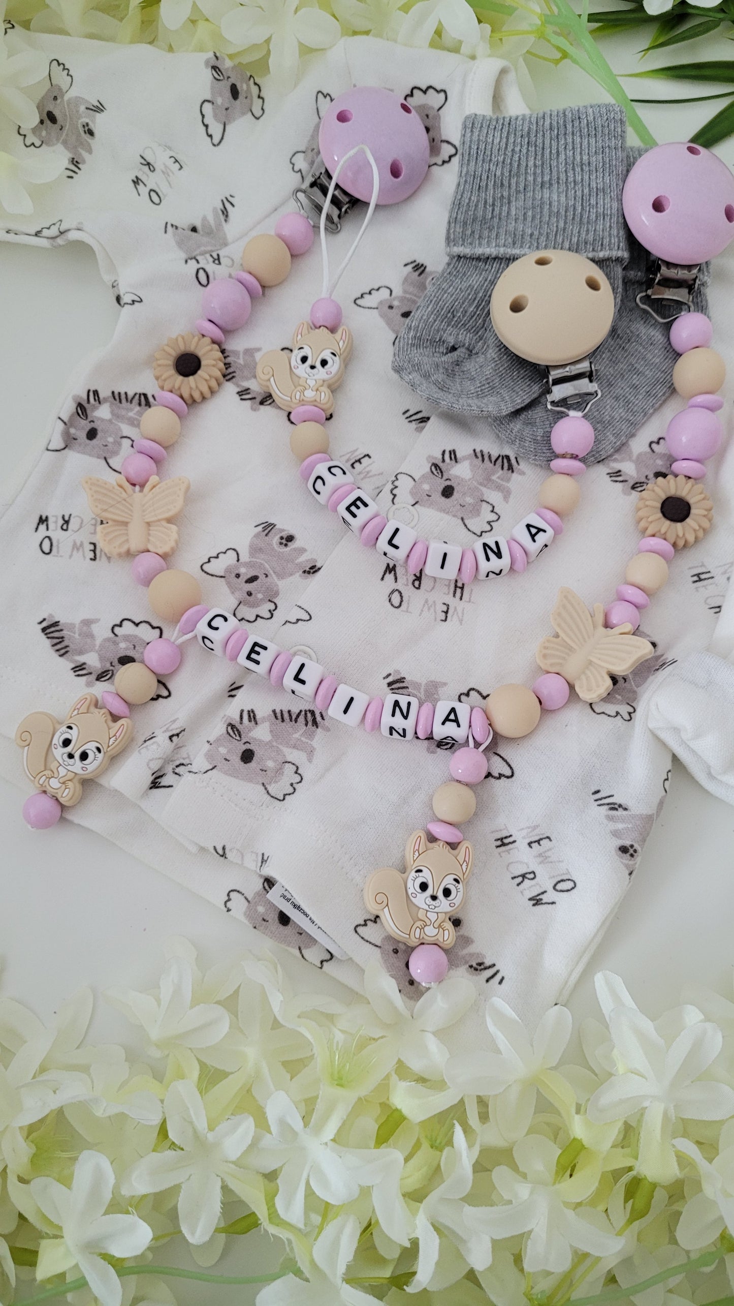 Kinderwagenkette & Schnullerkette *Eichhörnchen* rosa beige