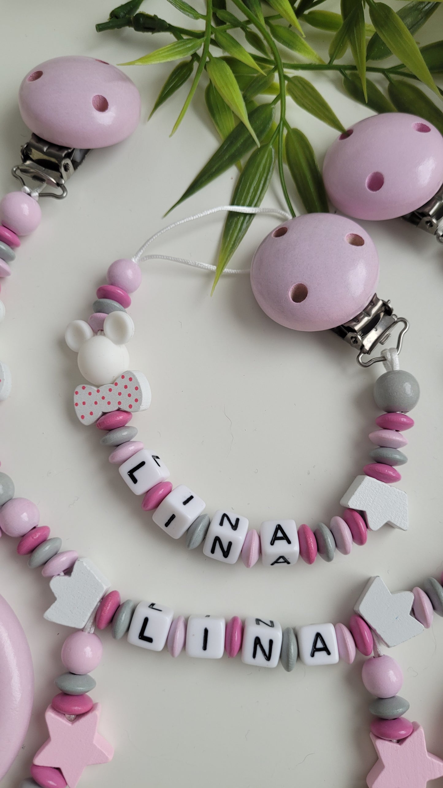 Kinderwagenkette & Schnullerkette Pink Minnie mit Namen für Mädchen