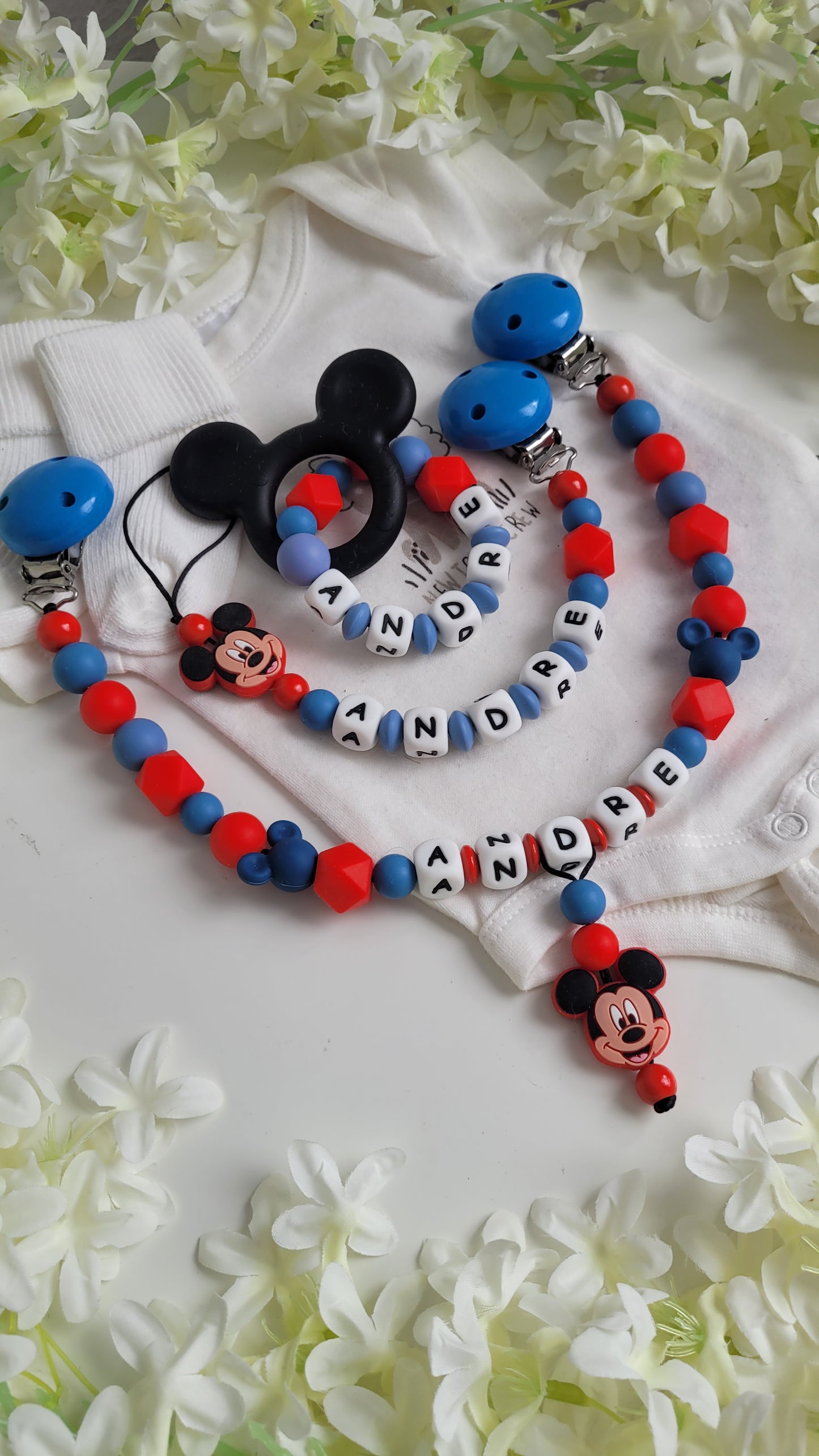 3tlg Set Schnullerkette Kinderwagenkette Greifling Mickey Maus blau rot