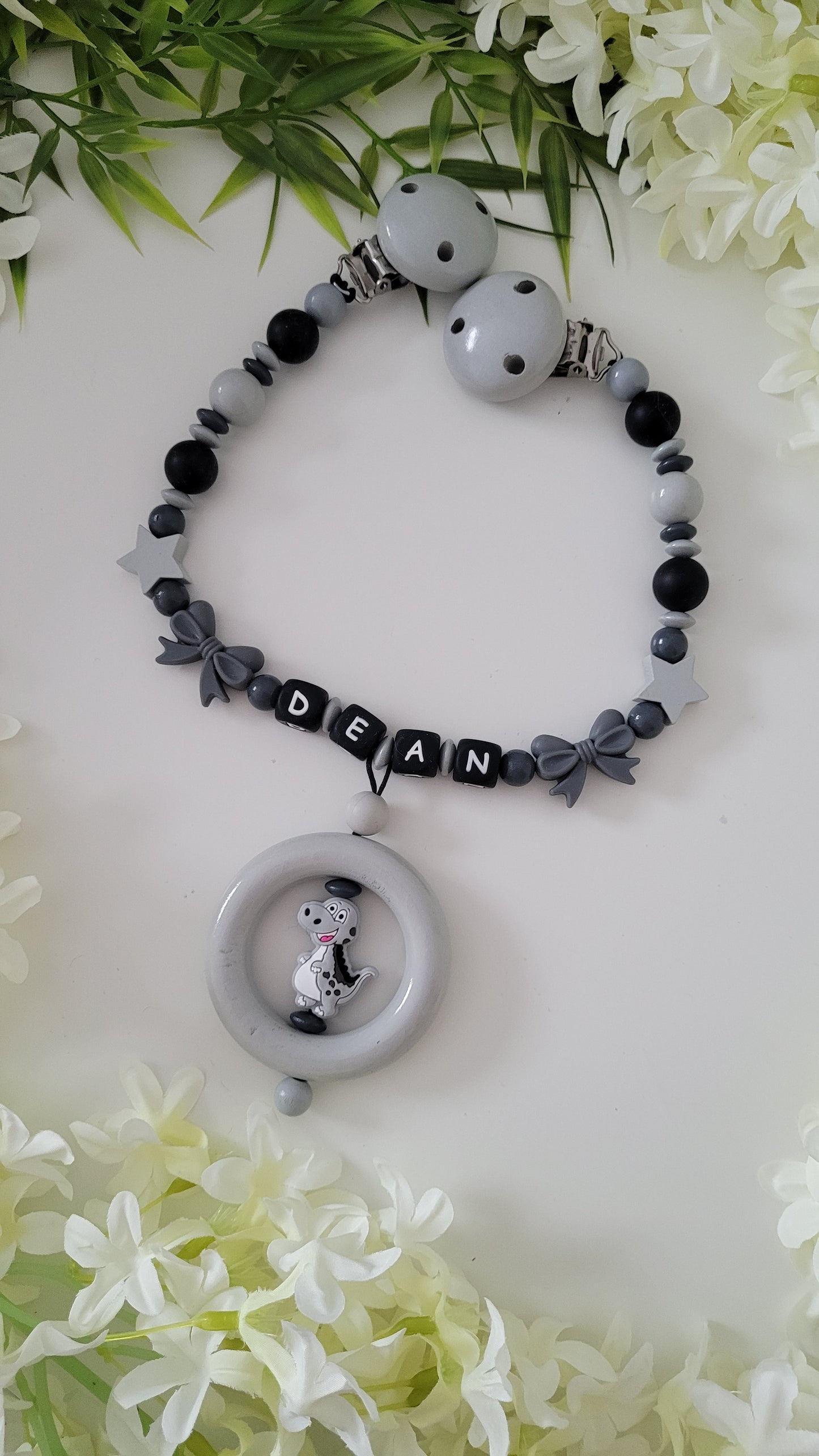 Kinderwagenkette & Schnullerkette *Dino* grau