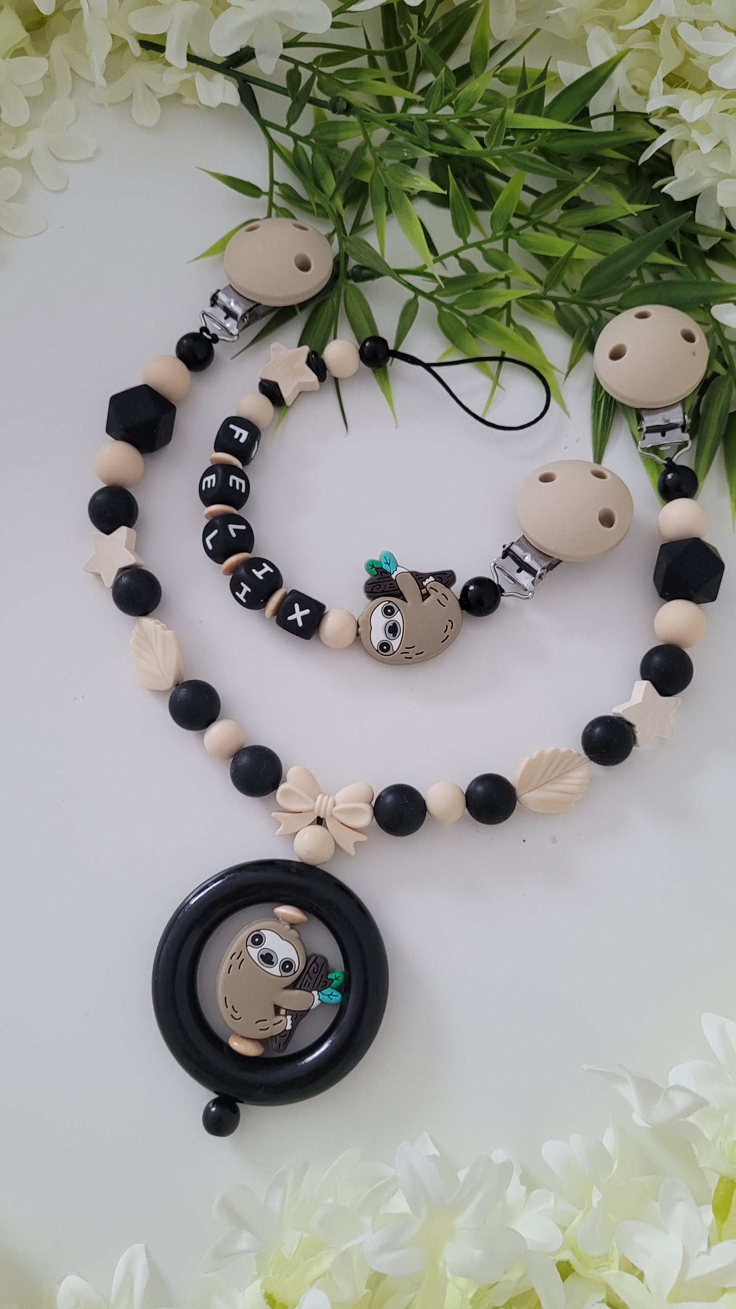 Kinderwagenkette & Schnullerkette *Faultier* schwarz beige