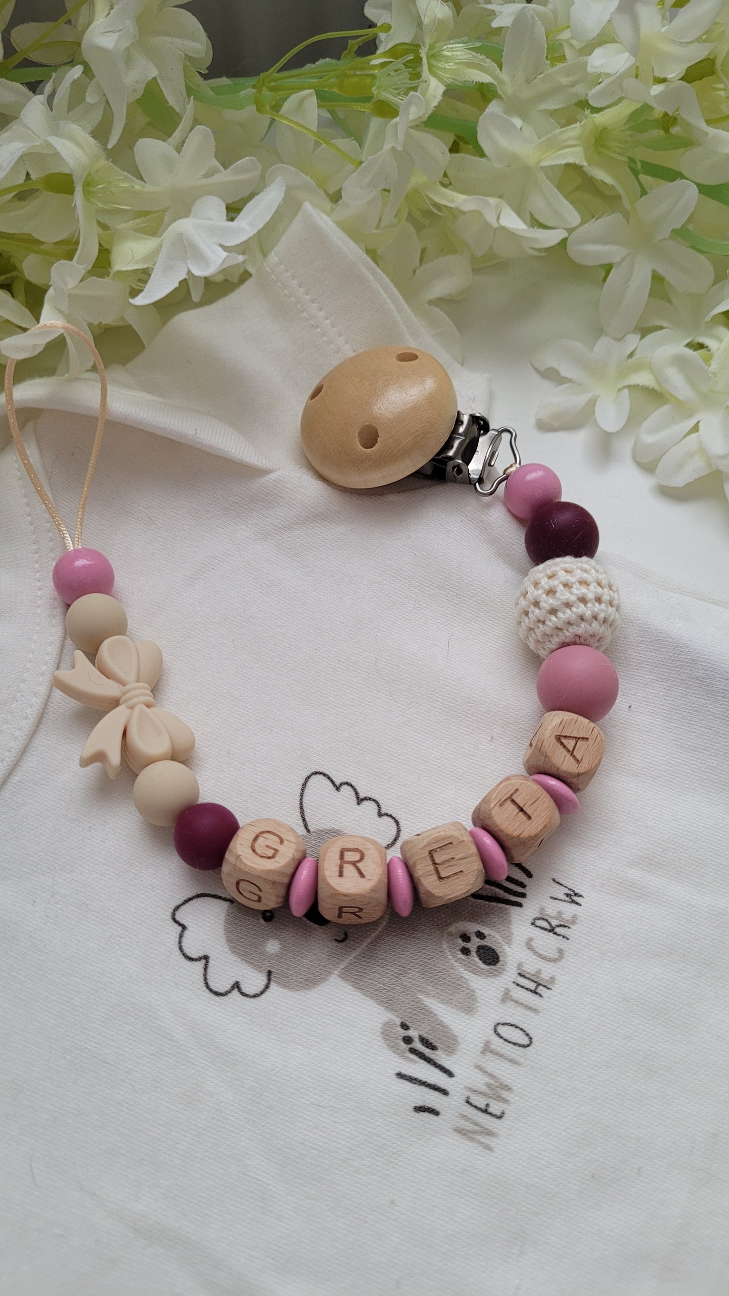 Schnullerkette mit Namen für Mädchen Dusty Rose