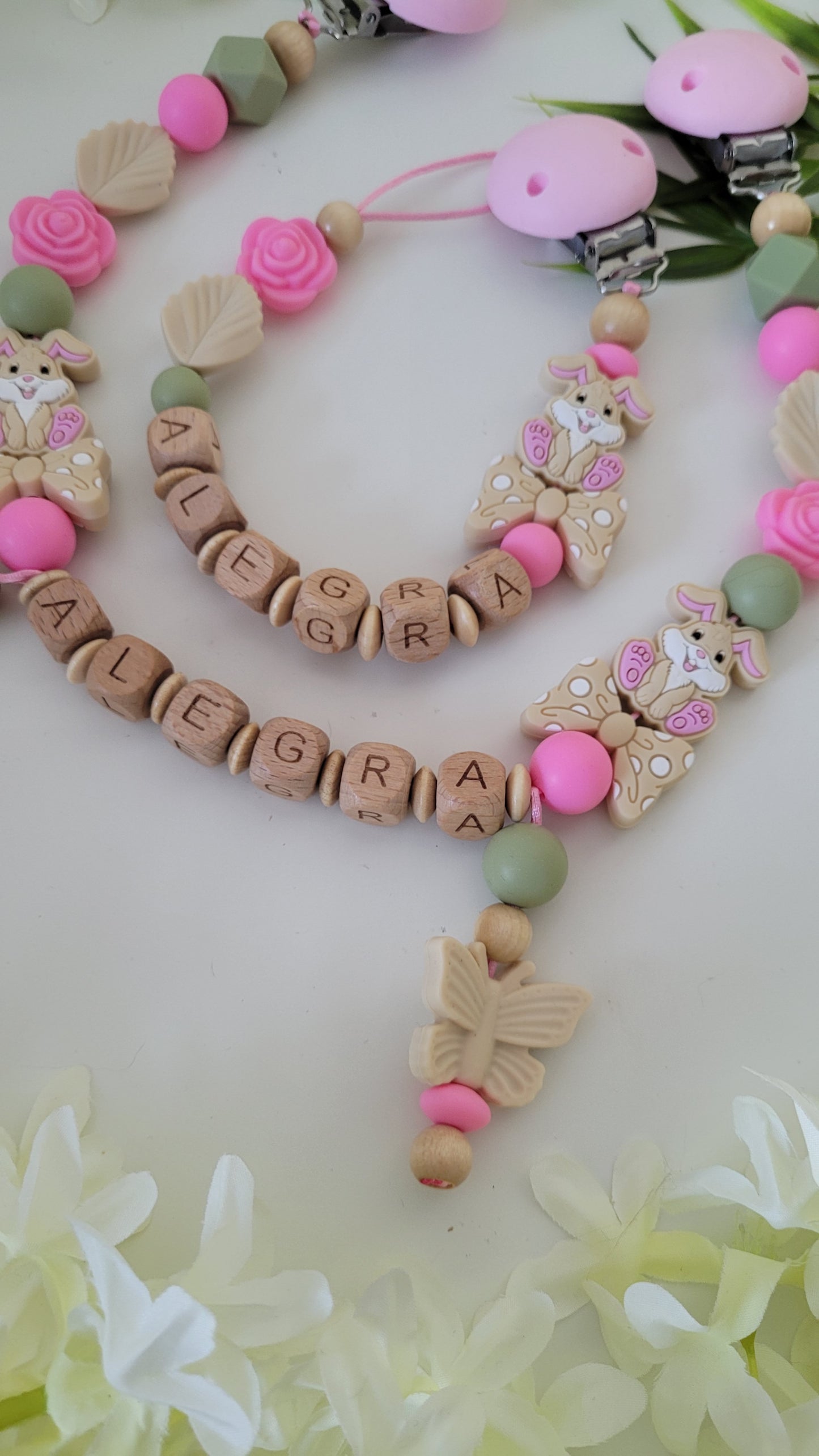 Kinderwagenkette & Schnullerkette *Häschen* pink grün