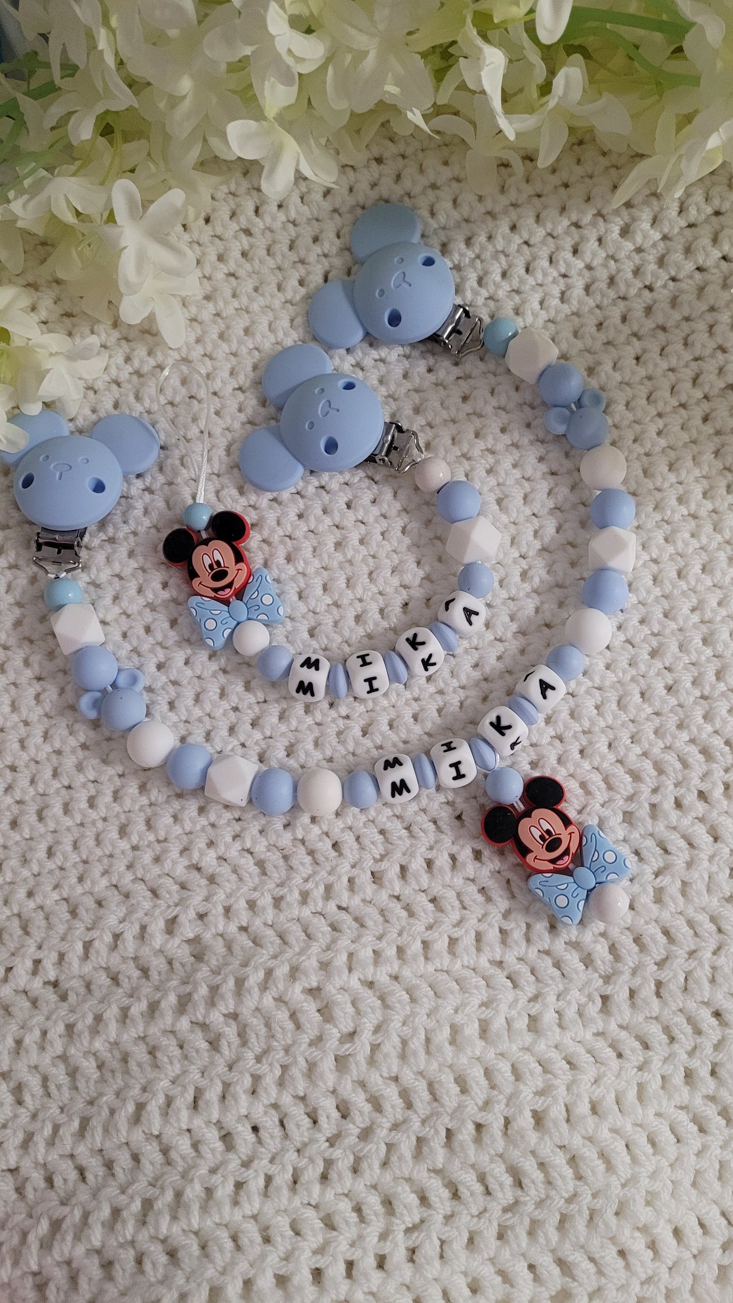 Kinderwagenkette & Schnullerkette mit Namen *Maus* blau