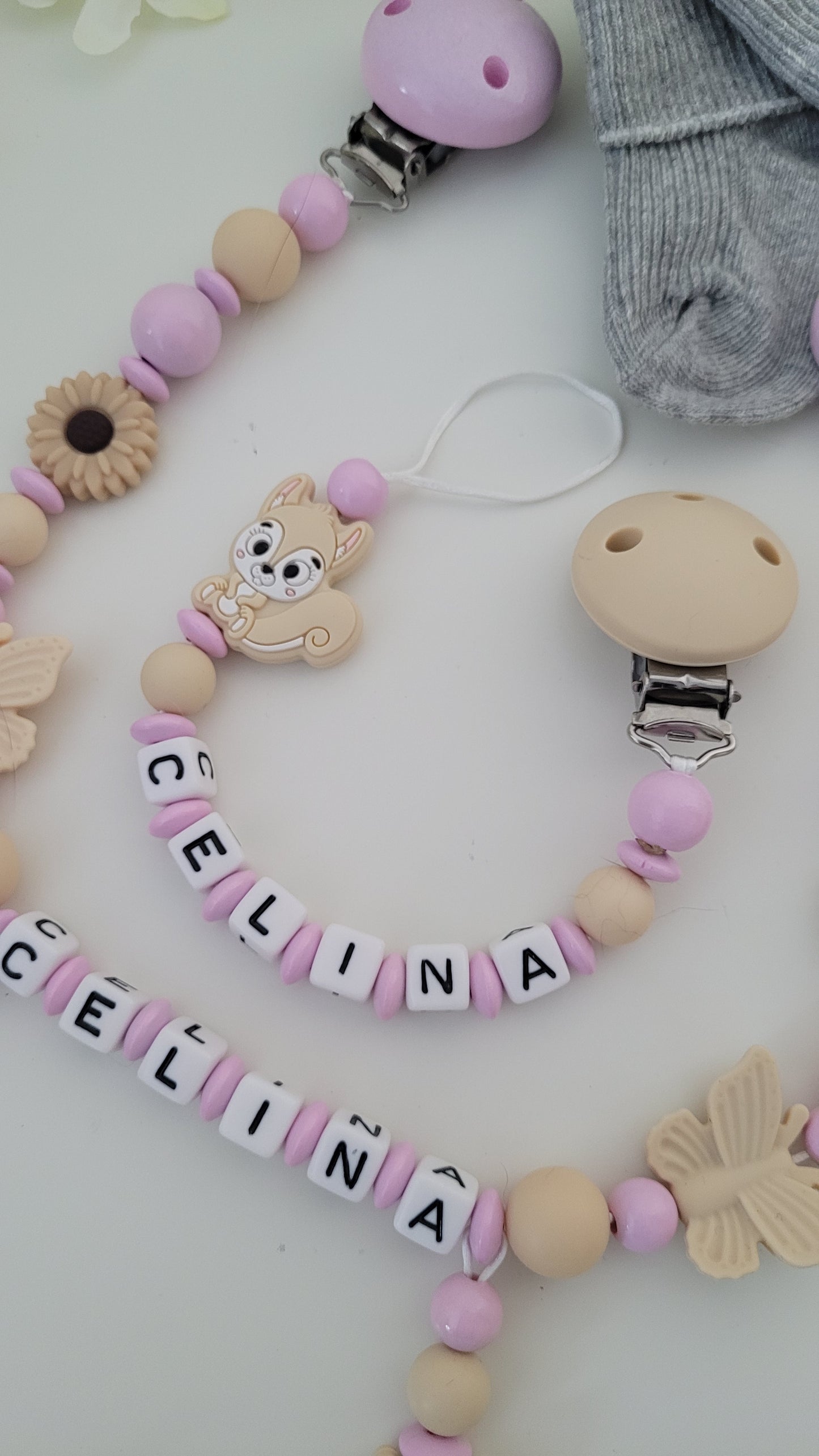 Kinderwagenkette & Schnullerkette *Eichhörnchen* rosa beige