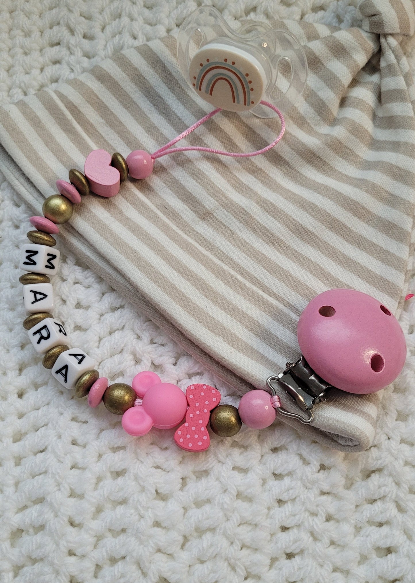 Schnullerkette mit Namen für Mädchen Maus & Herz pink gold