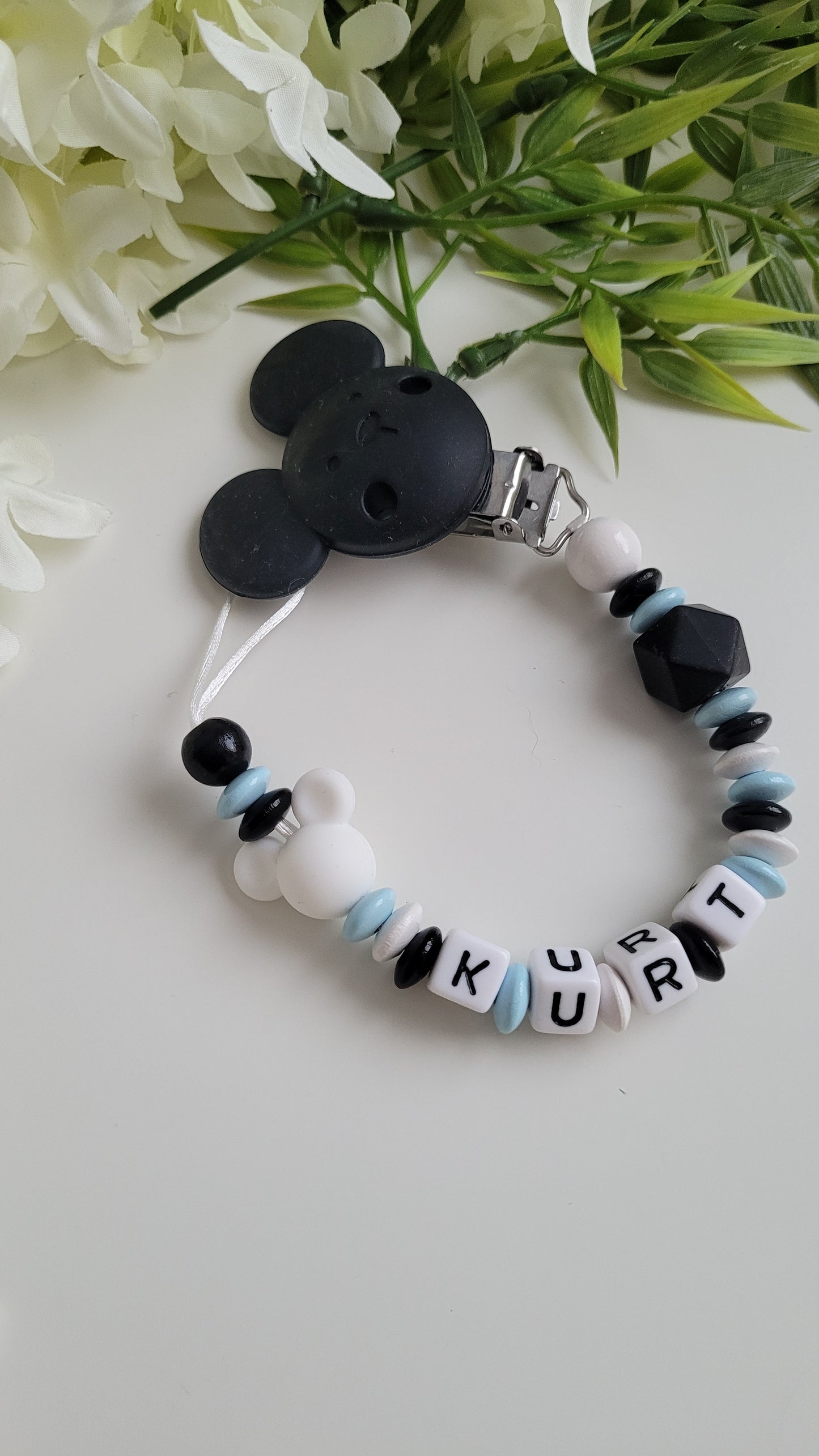 Schnullerkette für Jungen * Mickey Maus* hellblau schwarz weiß