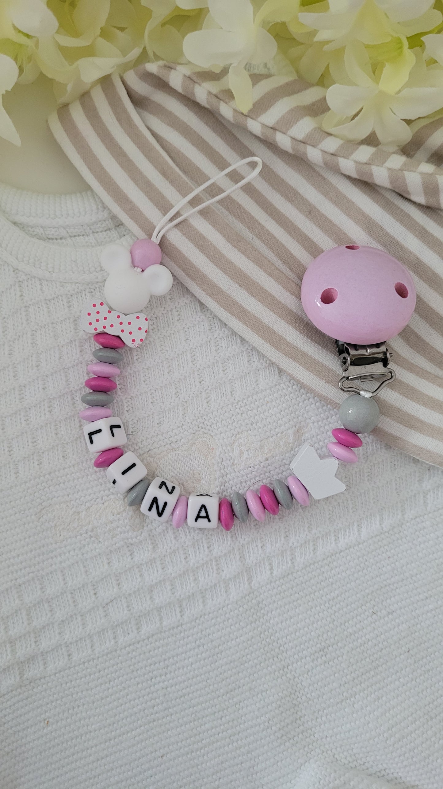 Schnullerkette mit Namen Mäuseprinzessinn pink grau